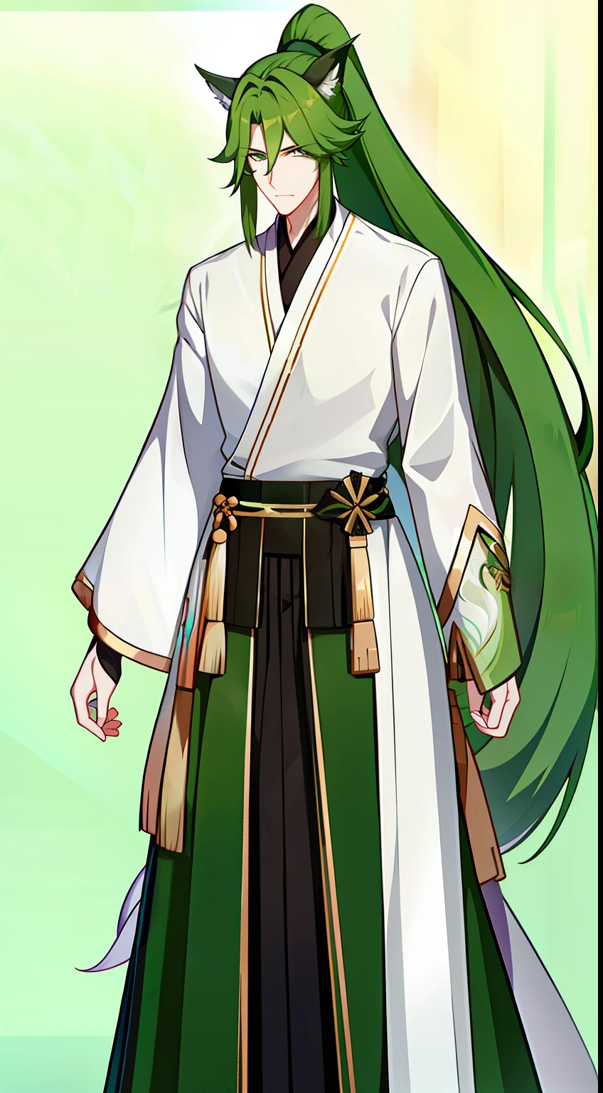 Tall guy, long green hair,high ponytail, Green eyes, wolf ears, Hanfu, a sword, A serious look, Masterpiece, hiquality