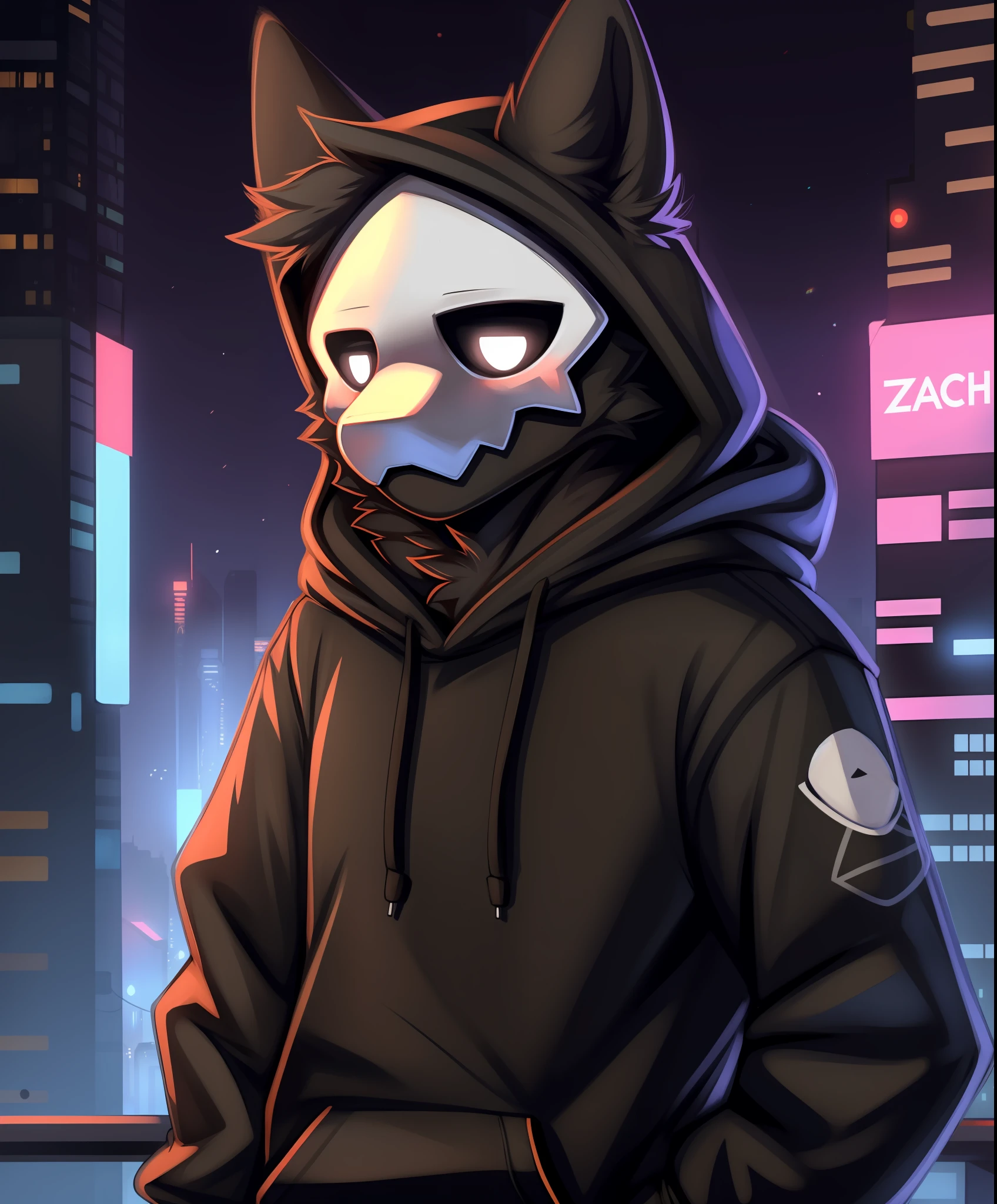 by zackary911, (coffeesoda:1.1), hioshiru, zackary911, puro, anthro, male, solo, clothing, fur, 2022, black clothing, hoodie, black topwear, lidded eyes, black hoodie, cyberpunk city background,