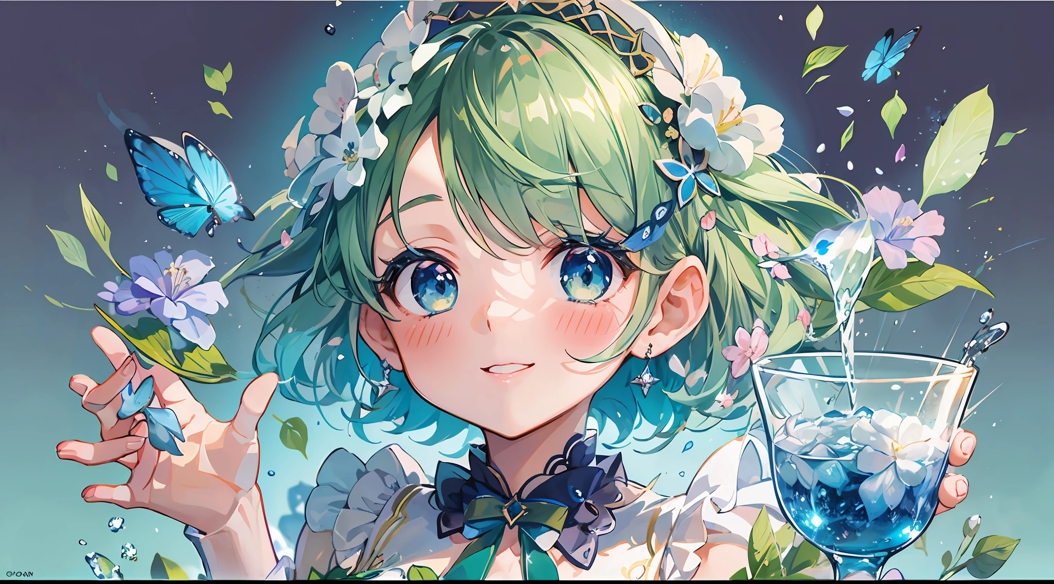 A kawaii girl is pouring a cocktail with a flourish, petals of blue and green cascading around her as she creates a dazzling display.