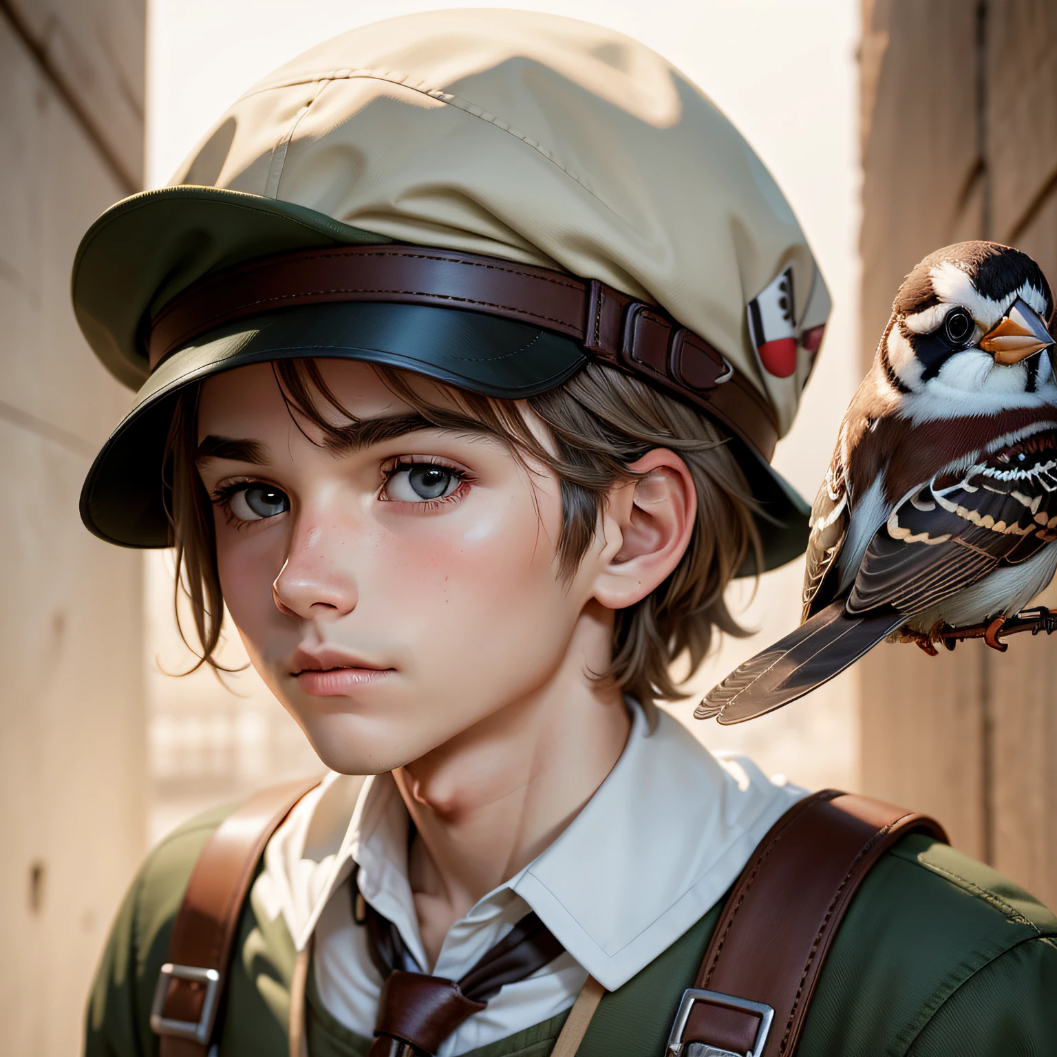 Sparrow，head，Face，adolable，comic strip，white backgrounid，mito，frontage，The face occupies the entire picture，Libido boy，The hat of the finch