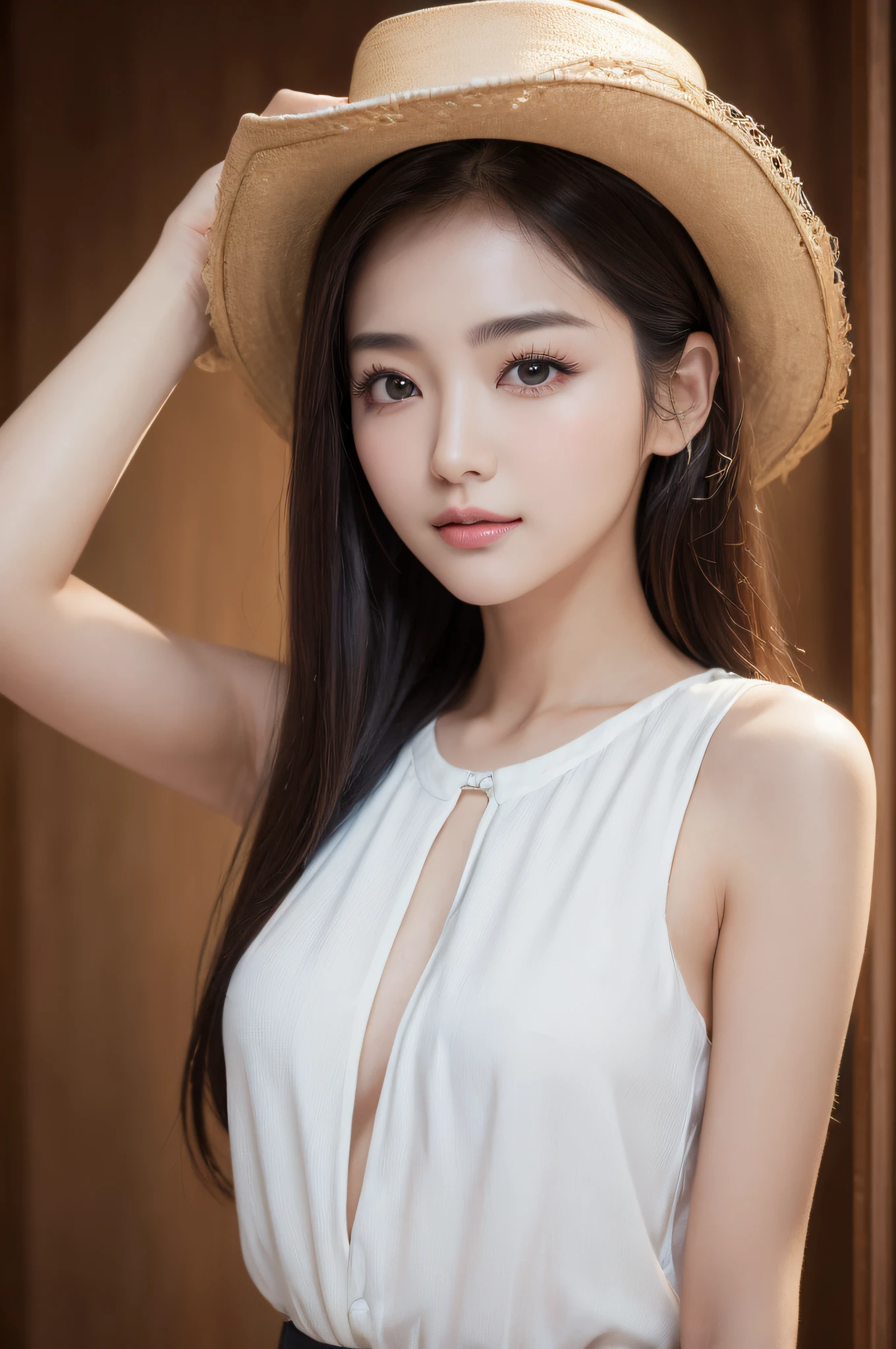 ((best qualtiy、8k masterpieces:1.3))、foco nítido:1.2、(ultra beautiful faces:1.0)、(shinny skin:1.0)、photos realistic、A dark-haired、Video Lighting、High-definition eyes and face、Video Lighting、(cowboy shot:1.3)、(Korean Cute Actress)、from the front side、ssmile、Sleeveless、Slender Abs Beauty、Wearing a white blouse
