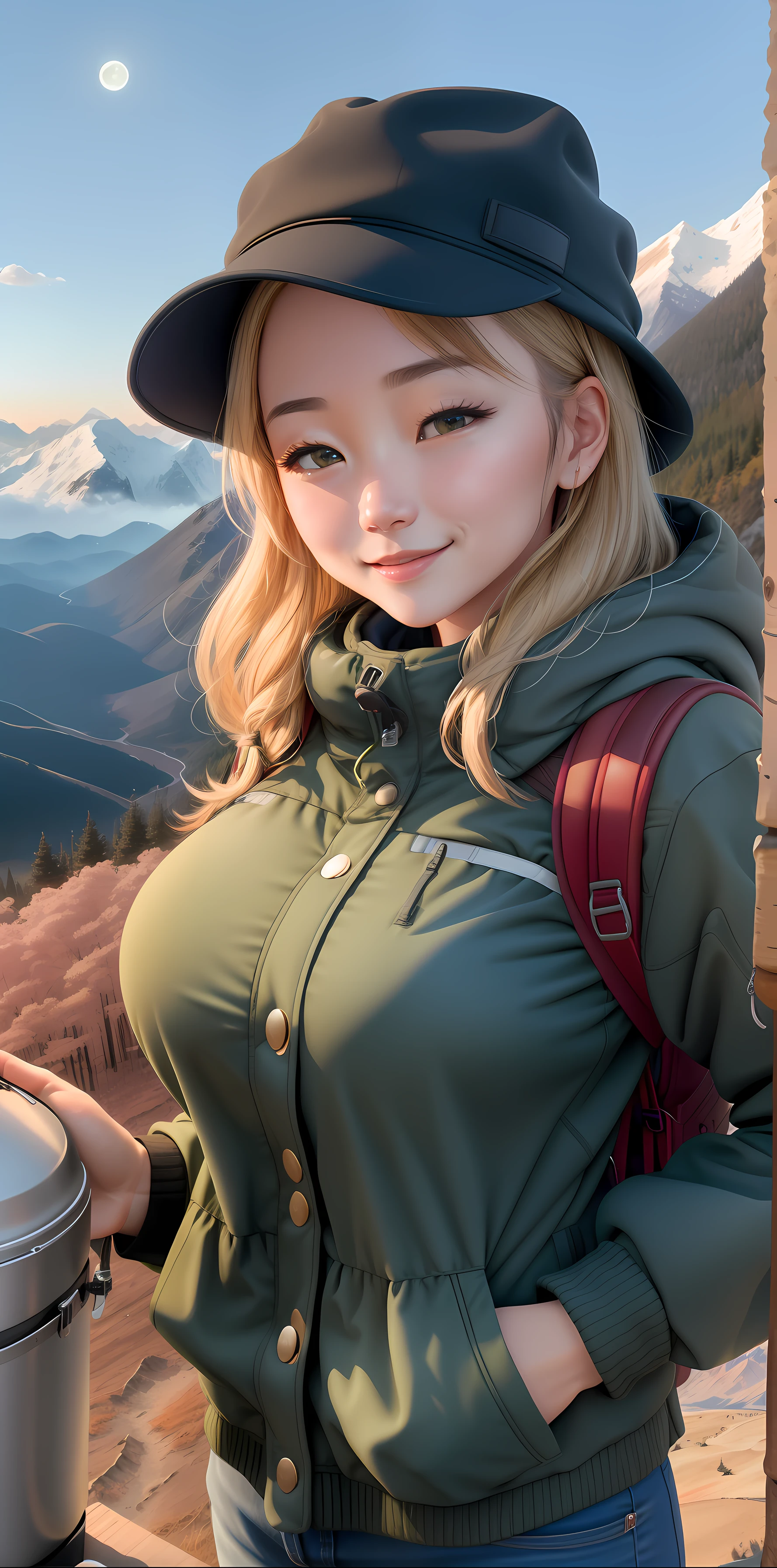 1 woman((Upper body selfie,cheerfulness,huge boob)),tmasterpiece,Best quality at best,ultra - detailed,独奏,exteriors,(the night),mountain ranges,naturey,(As estrelas,themoon)cheerful,cheerfulness,backpacks,sleeping bag,Camping stove,kettle、hiking boots、mitts、Sweaters、Hats、flashlights、ln the forest、Rochas、rios、wood、smog、shadowing、to contrast、cloudless sky、analogue style(View the audience:1.2)(skin textures)(filmgrain:1.3) ,(a warm color palette,a warm color palette)