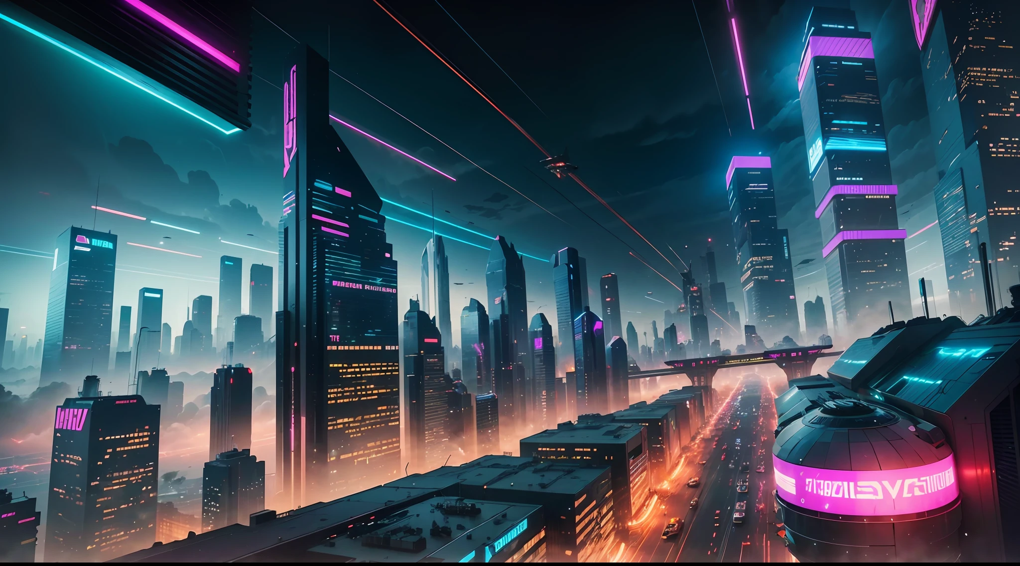 "Create a dynamic image of a futuristic, cyberpunk city, alive with neon-lit skyscrapers, traversed by high-speed trains soaring through the air, and pulsating with the rhythm of an advanced metropolis. Photorealistic" --auto
