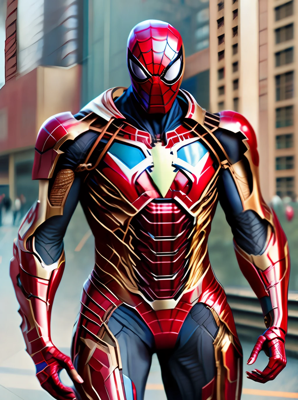 spiderman, con traje tecnologico, mezclado con el traje de iron man, totalmente futurista