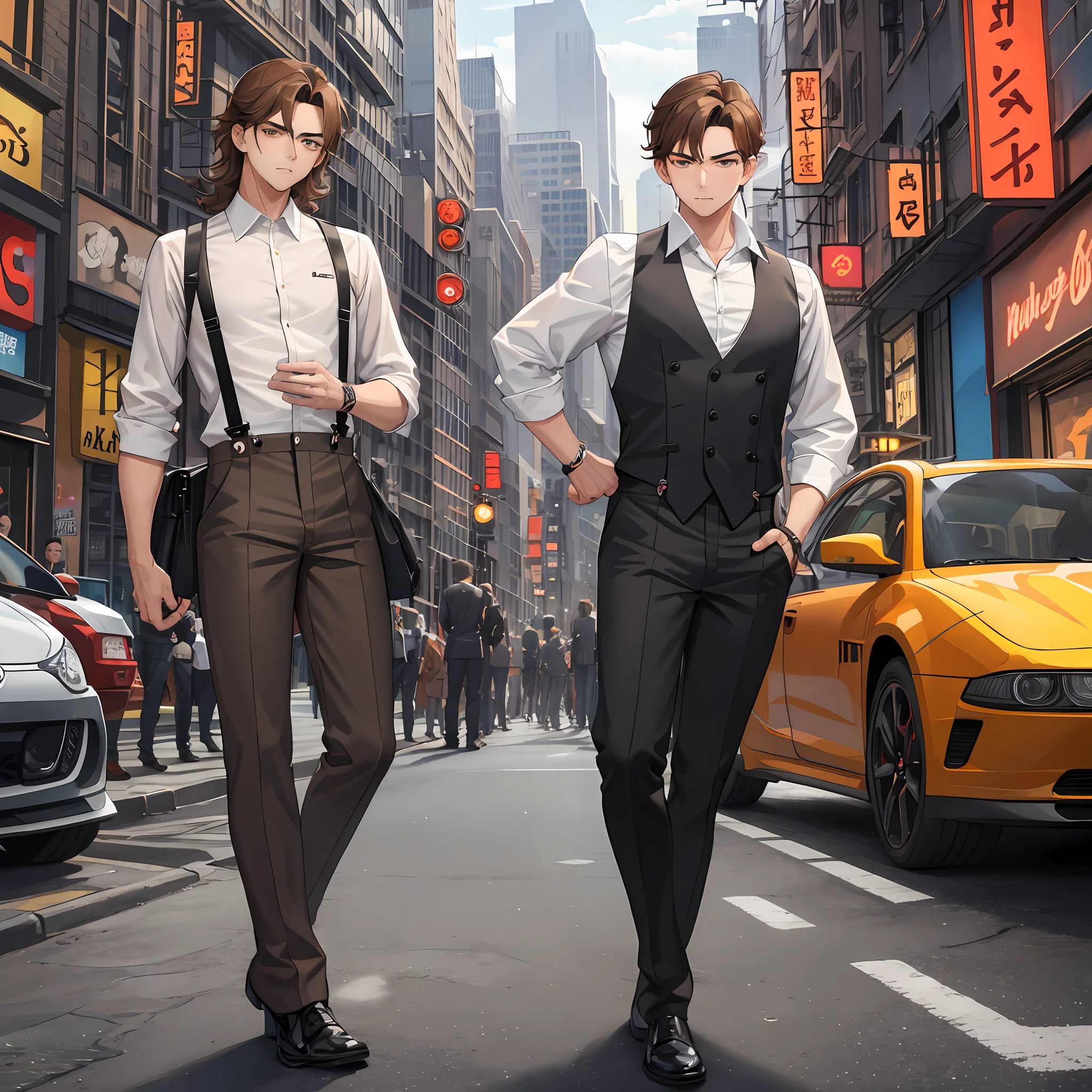 Toon (best quality), men 20 year, serious pose, Brown hair, shirt with suspenders, looking at viewer, wavy hair, city, cars neon