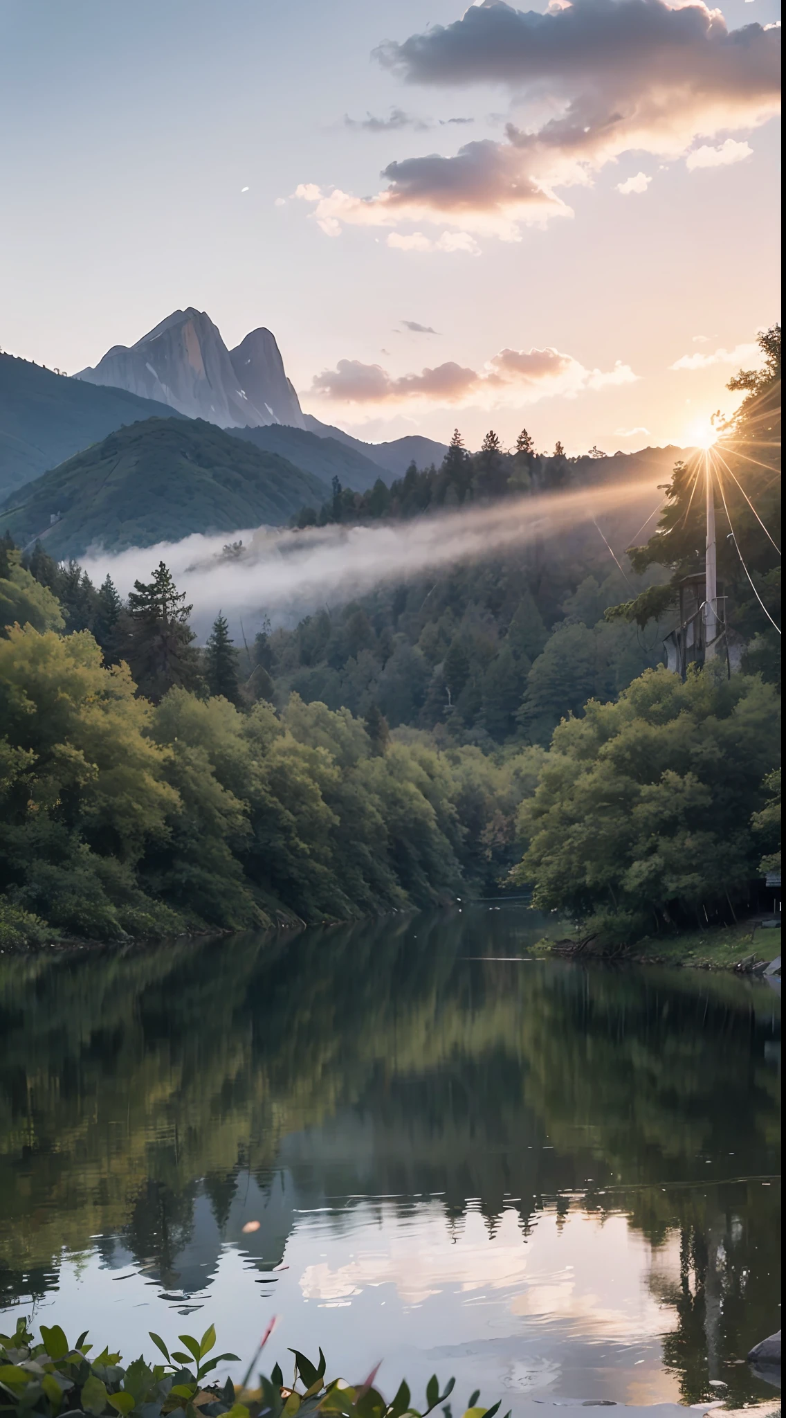 Create a beautiful landscape scene during the morning, The sky should have a bright and fresh color palette, with a blend of pink, orange, and sky-blue hues. The rising sun should be visible on the horizon, casting gentle light across the landscape. Surrounding the scene, there are towering mountains with lush green foliage. If there's a lake or river, depict calm water reflecting the morning sky and the surrounding mountains. Adding a few thin clouds in the sky will bring a touch of drama and beauty to the scenery. Ensure there's a hint of mist covering the landscape, adding a touch of mystery and charm. In the clear morning sky, include some birds freely flying. The view should be facing east, so the morning light illuminates everything with warmth and captivating beauty