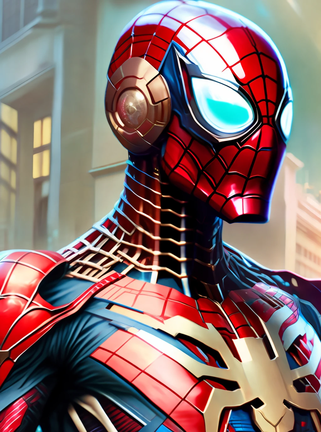 spiderman, con traje tecnologico, mezclado con el traje de iron man, totalmente futurista