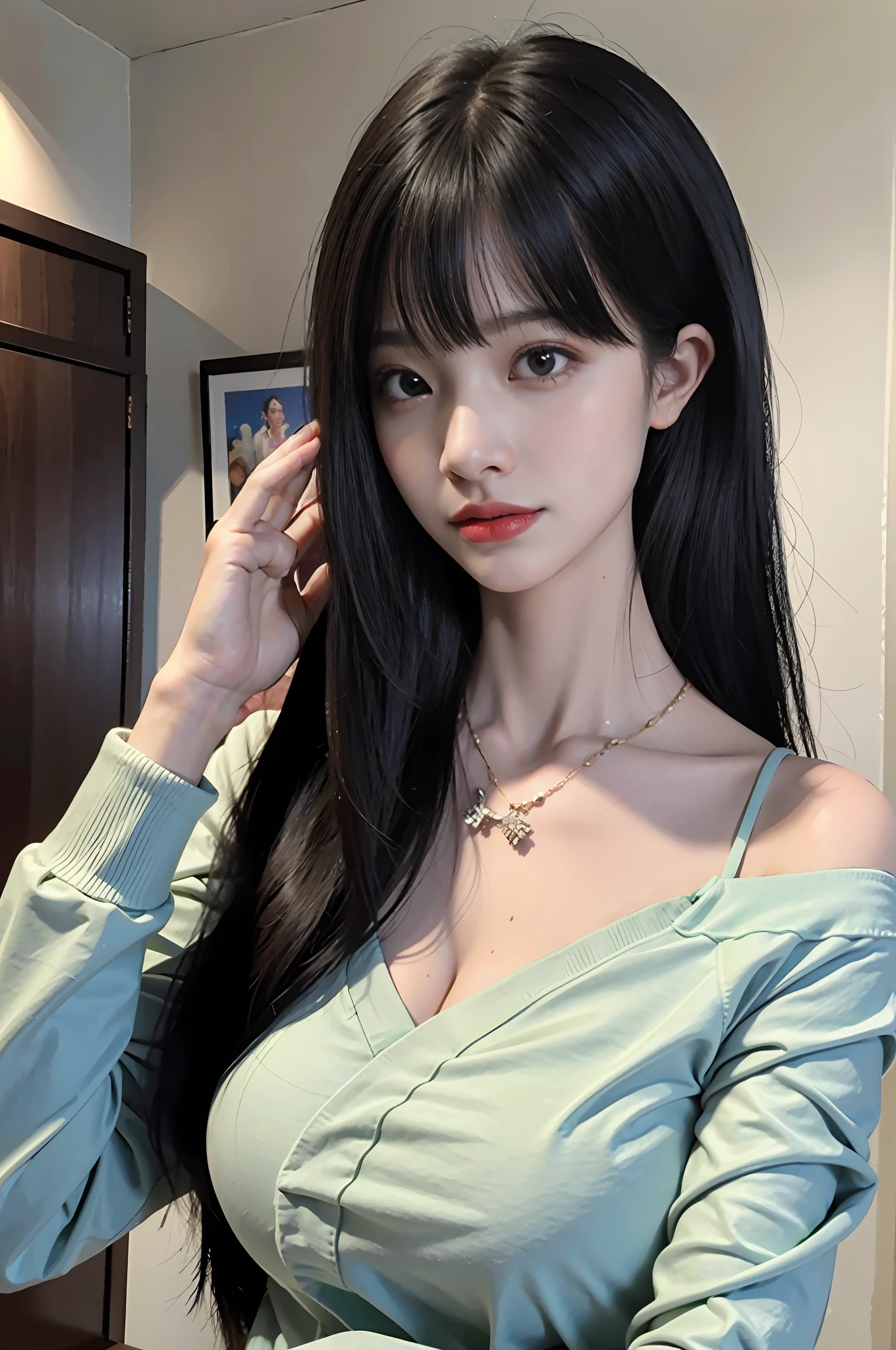 Unbeatable masterpiece，Perfect artwork，（（Perfect female image）），being thin，photorealestic，独奏，longhairwithbangs，（Fidelity：1.4），best qualtiy，超高分辨率，1 mature woman，chinaware，Kpop ido，full bodyesbian,（C cup）， Low neckline, big breasts beautiful, tmasterpiece, Best quality at best, very vey very detailed face, Perfect litthing, 👍独奏, plain face, Best quality at best, 超高分辨率, (realisticlying:1.4), ultra - detailed, tmasterpiece, Best quality at best, ulzang-6500-v1.1