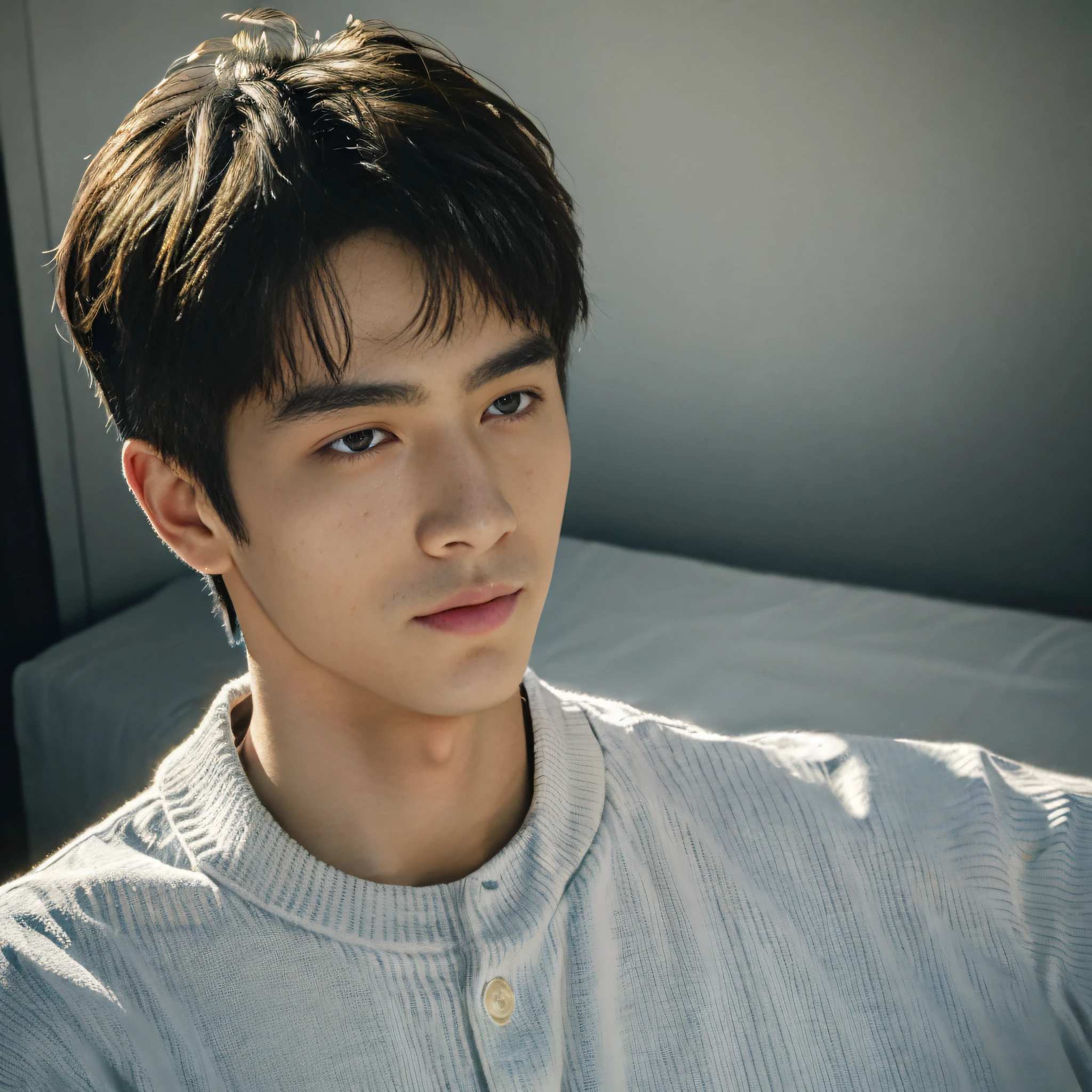 (Masterpiece:1.3), (8K, Photorealistic, RAW photo, Best quality: 1.4), (1boy), Handsome face, (Realistic face), (Black hair, Short hair:1.3), Handsome hairstyle，photorealistic eye，Handsome and delicate eyes，（Realistic skin），Handsome skin，shirt，absurd res，enticing，超高分辨率，Ultra photo realsisim，The is very detailed，the golden ratio