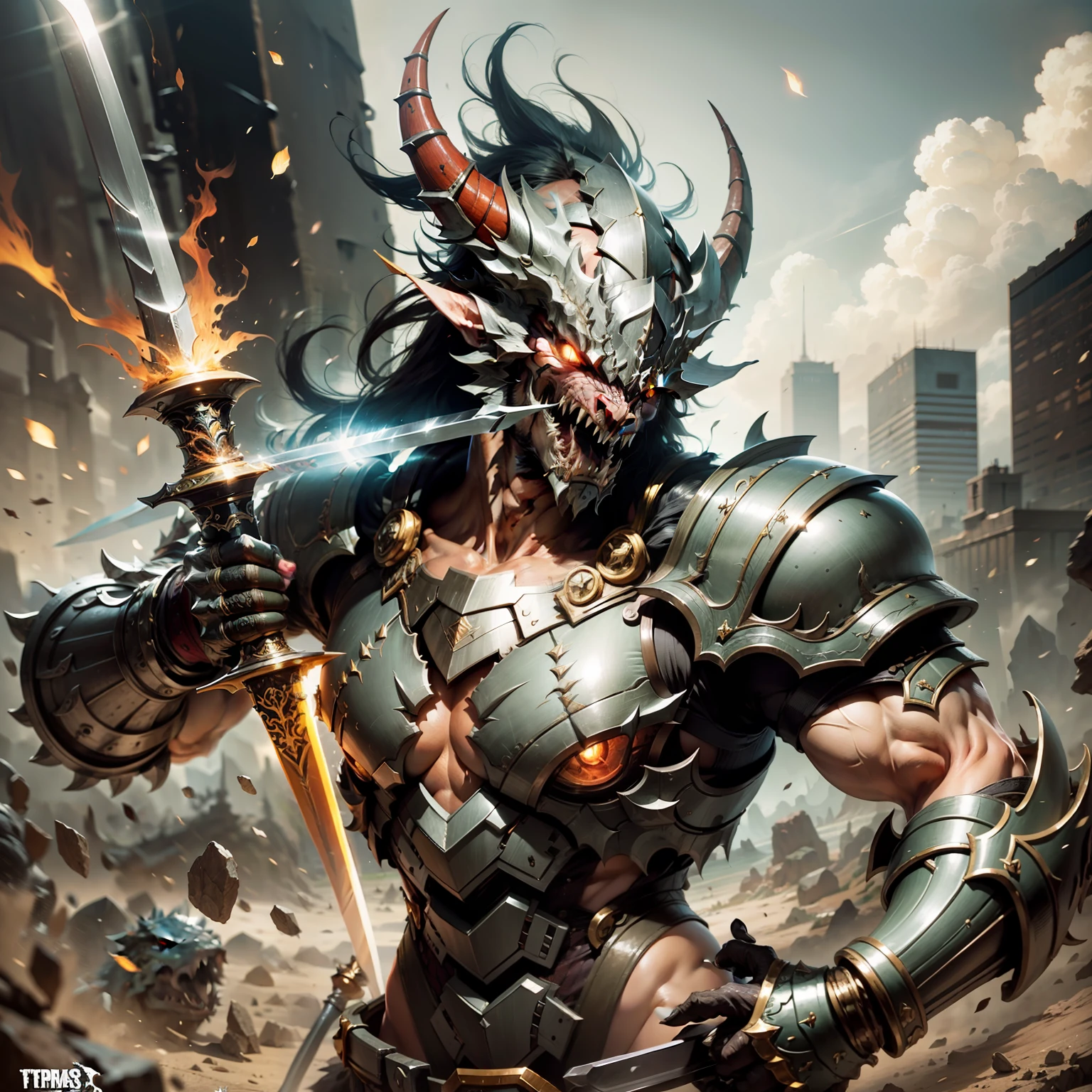 Berserker,Giant sword,Bare upper body,Step ahead,Face the dragon