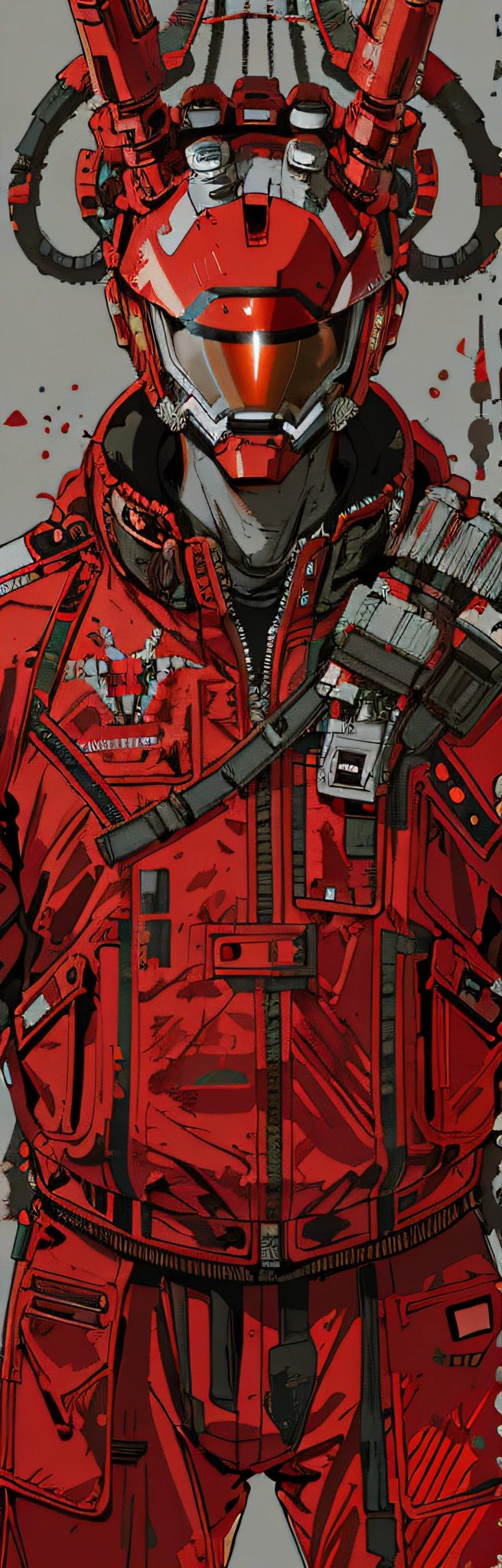 There is a red robot wearing a helmet and a gun, akira style illustration, akira art style, akira color palette, in the style of akira, ultra detailed game art, akira movie style, detailed cyberpunk illustration, hyper detail illustration, character art closeup, akira style, char aznable album art, akira artstyle, anime mecha aesthetic, Digital cyberpunk anime art