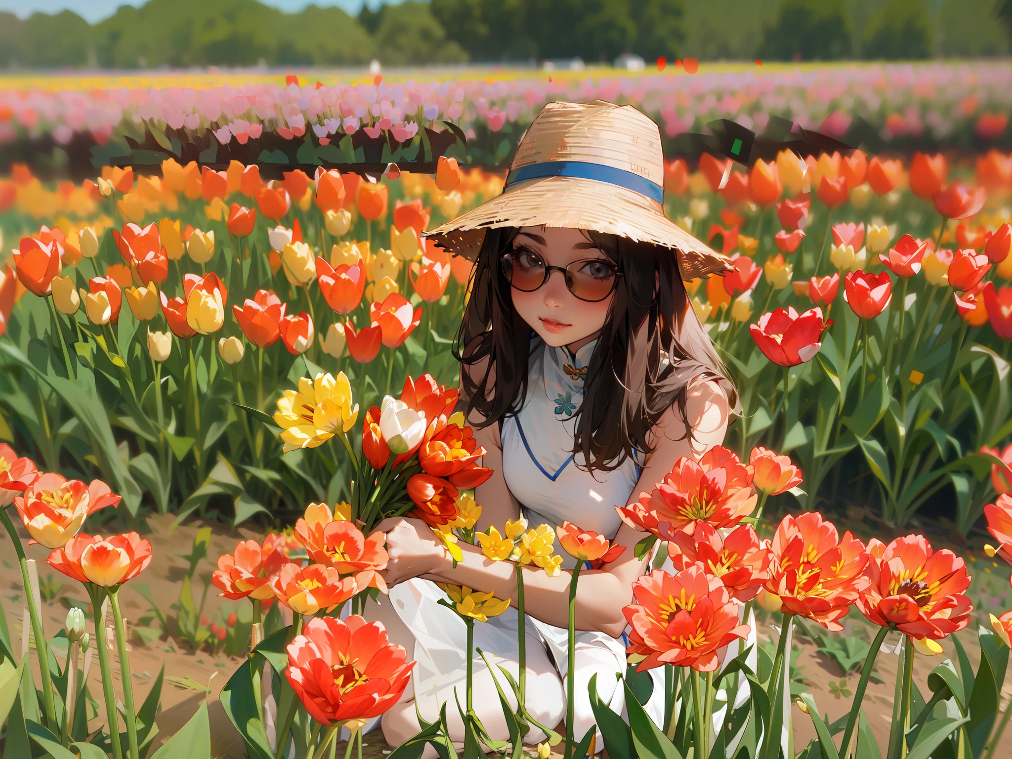 pretty 28 year old chinese woman wearing a sun hat and sunglasses kneeling in a field of tulips, tall and slim, wearing a white sleeveless halter dress, holding a bouquet of tulips, girl in a tulip field, girl in flowers, girl kneeling in a tulip field, in a field of flowers, picking flowers, girl in a flower field