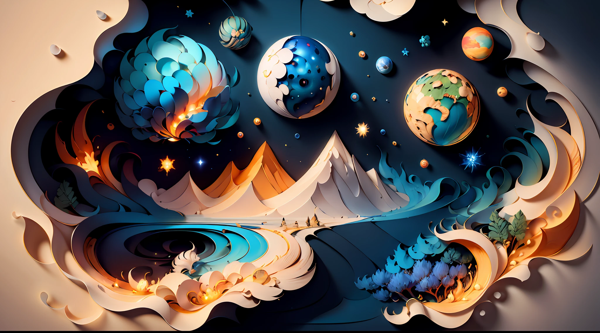 (((masterpiece))),best quality, illustration, earth, water ,fire, wind , space , paper_cut,