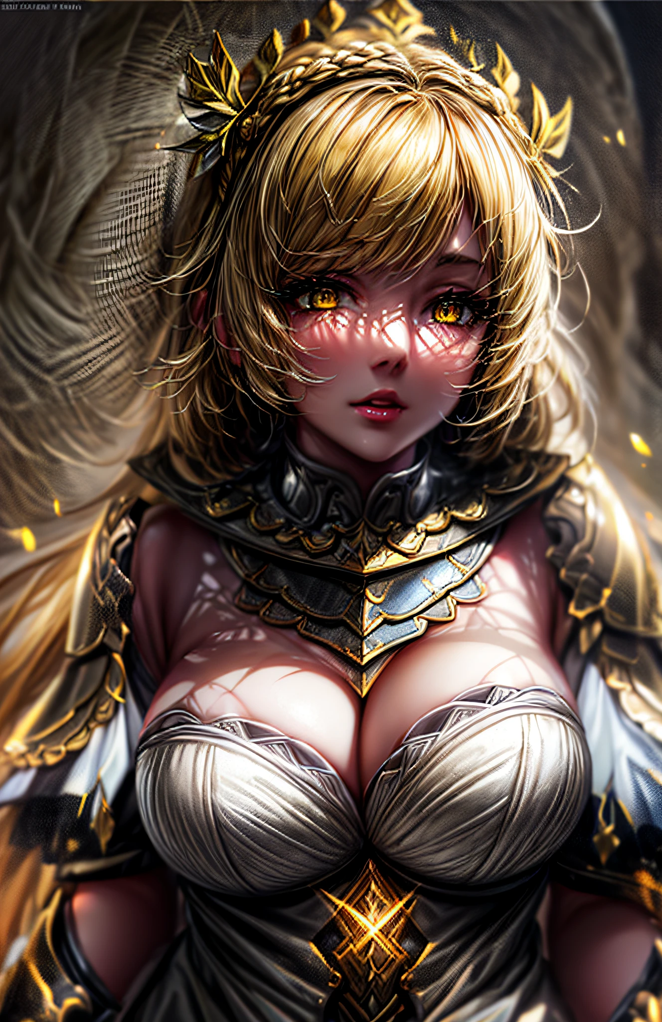 1girl, dark scene, front view, (upper body:1.2) portrait of (beautiful paladin princess:1.2) figths monster, (ivory skin_color:1.2), beautiful face, (blonde braided hair:1.2), (lips:1.1), yellow eyes, athletic, (wide hips:0.9), (thick thighs:0.9), (short white skirt:1.2), (light leather armor:1.2), (black corset:0.9), frills, golden atmosphere, medieval, fantasy, radiant colors, volumetric lighting, cinematic lighting and shadows, very detailed, cinematic, tall, nsfw, erotic, art by incase_a3