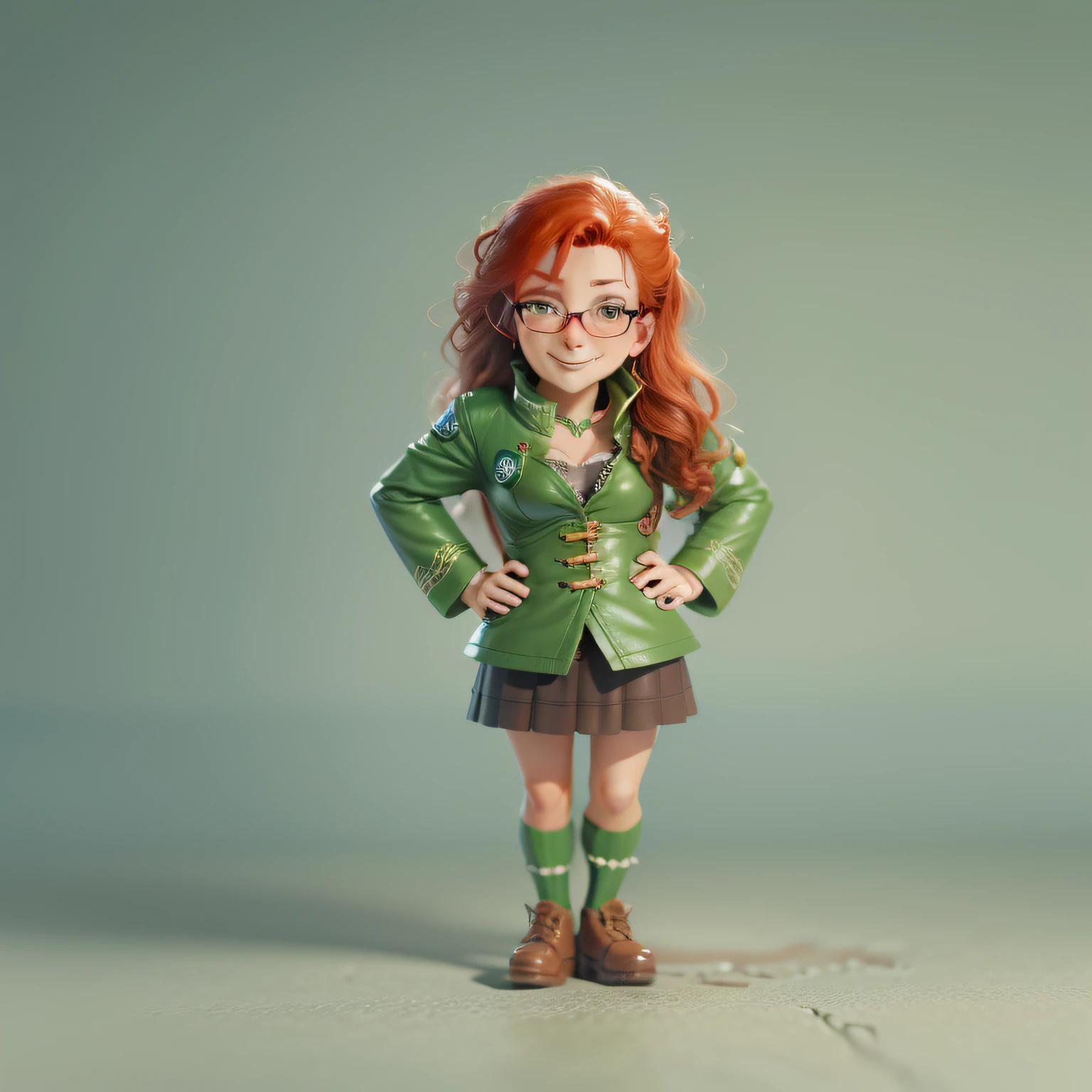 Red-haired woman with cynical smile wearing glasses and green Saint Patrick's jacket, octan render, 8k 4k ,