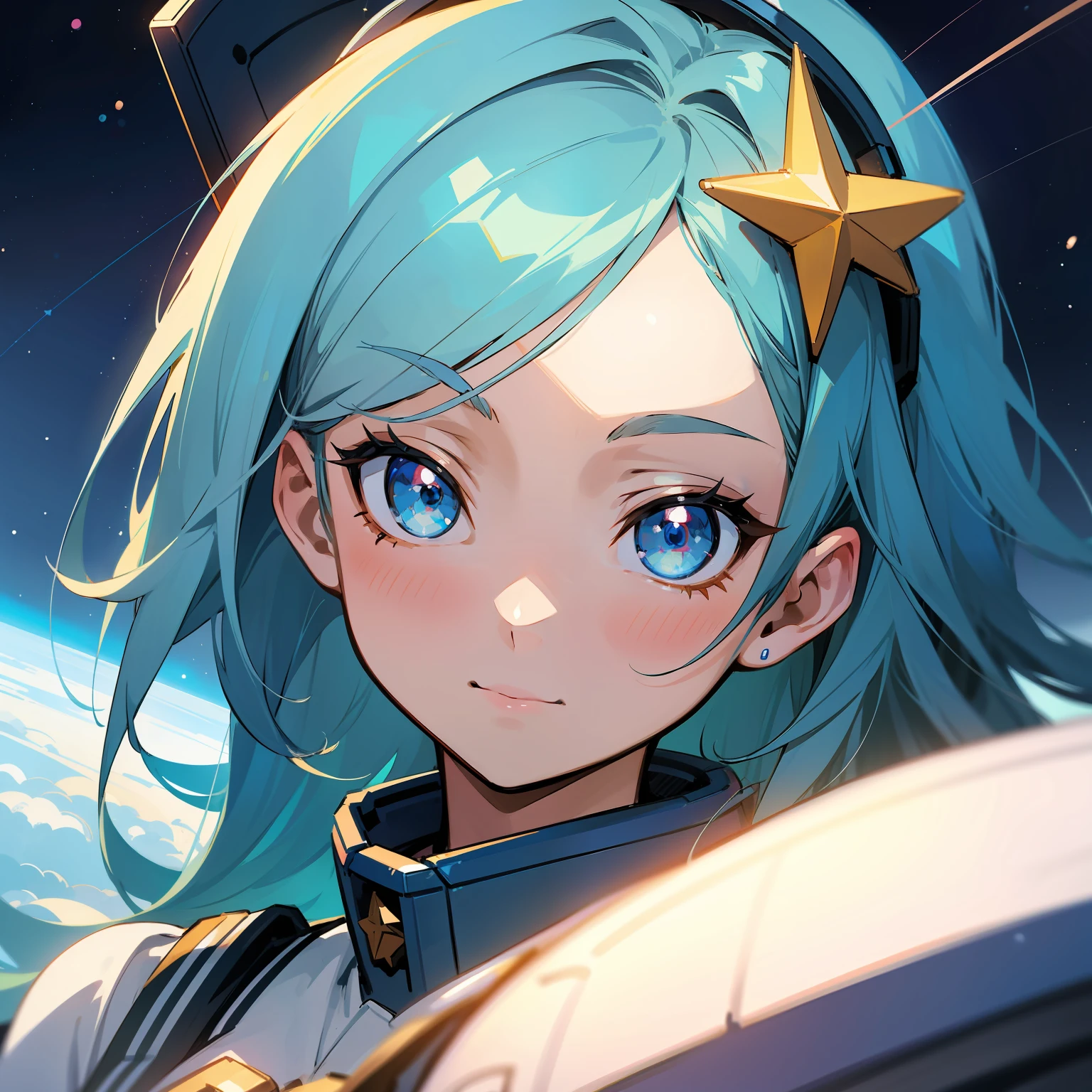 Masterpiece，the detail，Very detailed，Perfect limbs，Anime girl with blue hair and stars on her head, Anime moe art style, portrait anime space cadet girl, 2 d anime style, Marin Kitagawa fanart, High quality anime art style, Anime art style, Kantai collection style, flat anime style shading, Portrait of an anime girl, close up of a young anime girl, Anime style portrait