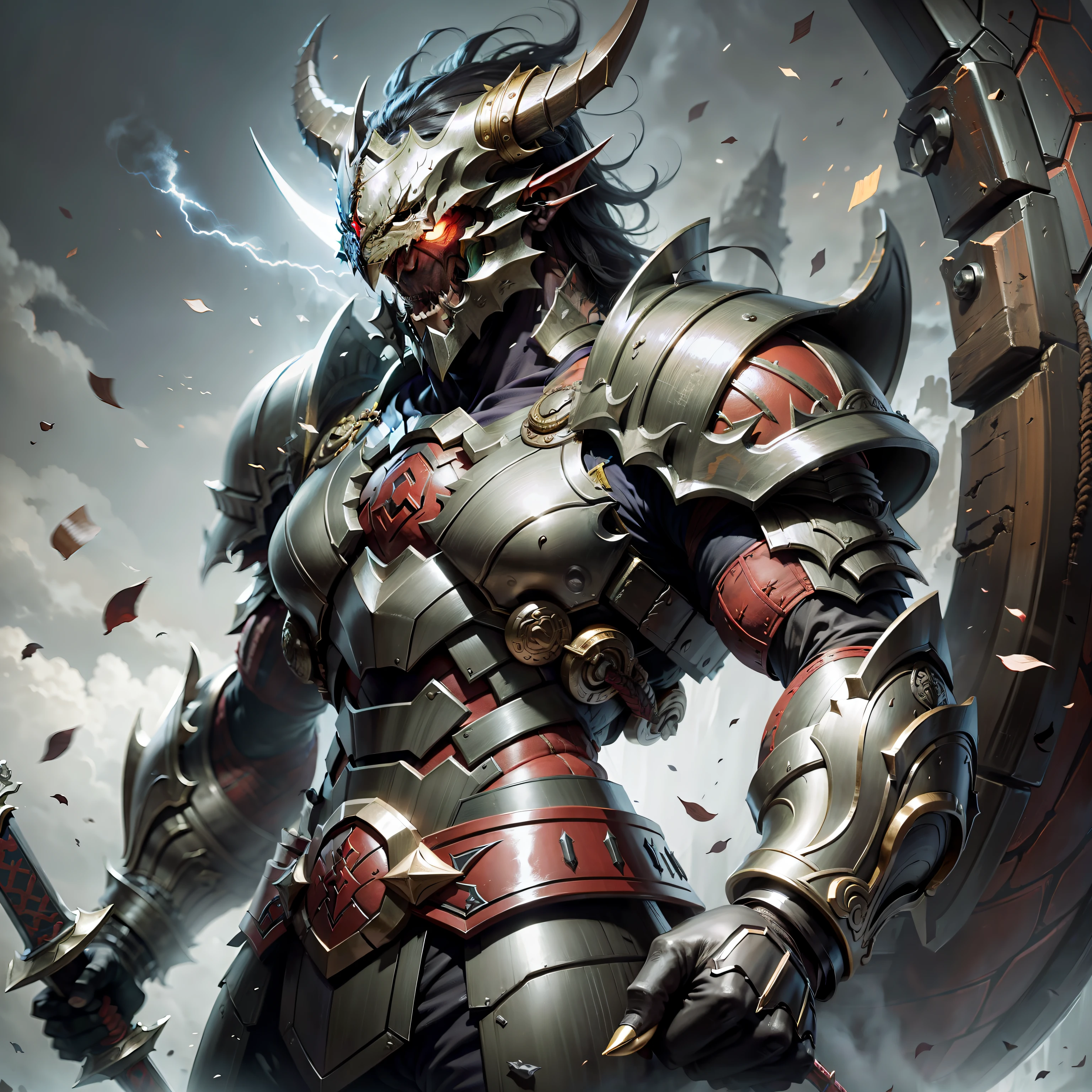 Berserker,Giant sword,Bare upper body,Step ahead,Face the dragon