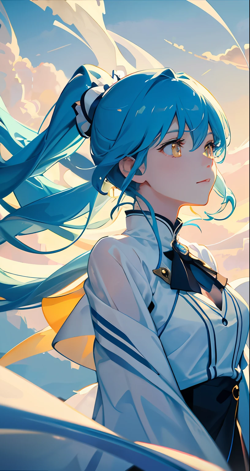 tmasterpiece,best qualtiy,cinematic Film still from,1girl,Floating in the sky,Cloud Girl,clouds,(closeup cleavage:1.1),brightly,cheerfulness,intriguing,gentlesoftlighting,(bauhause,shape,lineworks,abstracted:1.1),floated hair,blue hair,High ponytail,Yellow eyes