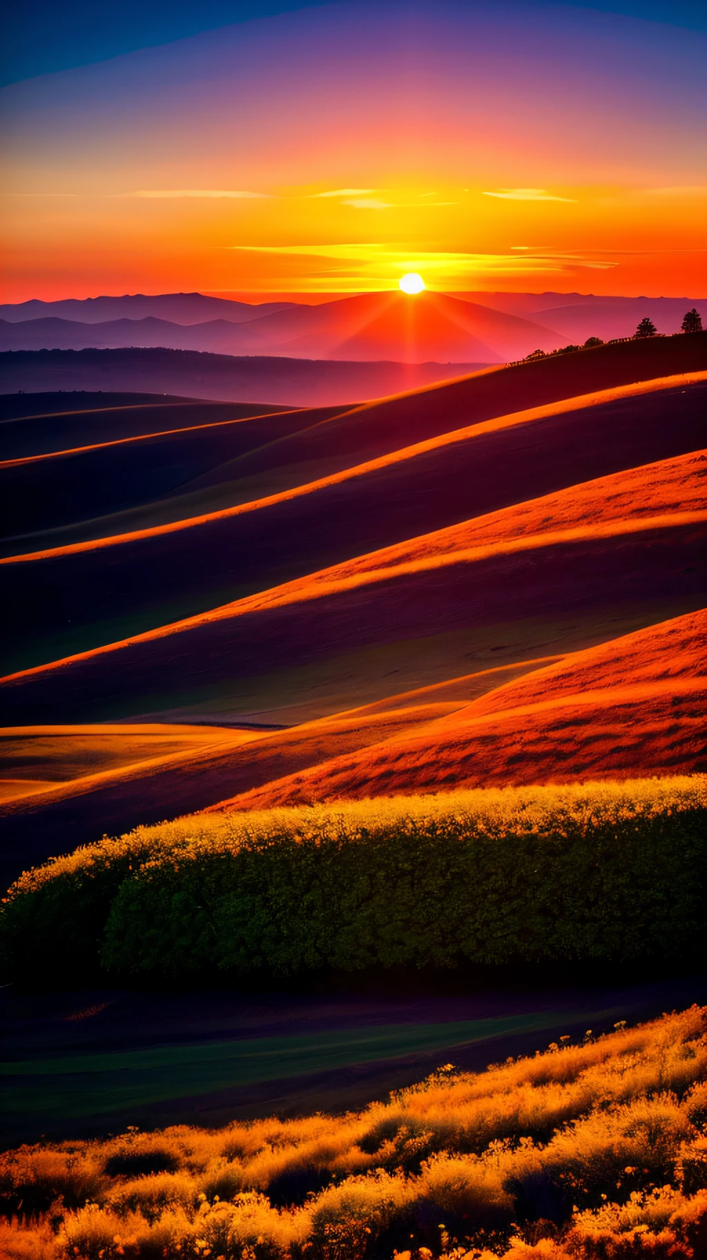 the setting sun，evening light，view from long distance，realisticlying，plethora of colors，Gorgeous and colorful，wide wide shot，positive，natural style，HD landscape photos，Sunset view