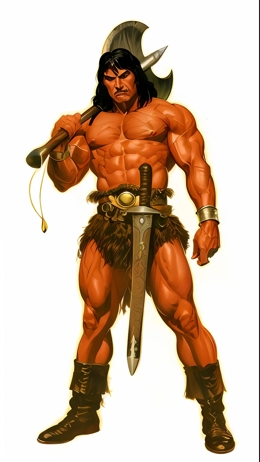 um close up de um homem com uma espada e um capacete, Directed by: Joe Jusko, inspirado em Joe Jusko, Illustration by Conan, the Barbarian, barbarous, Conan, male barbarian, barbarian warrior, Marcos Brooks Frank Frazetta, Estilo Boris Vallejo, Inspirado em Ken Kelly, estilo gerald brom, Directed by: Earl Norem, barbarian class, guerreiro masculino, Boris Vallejo Artstyle
