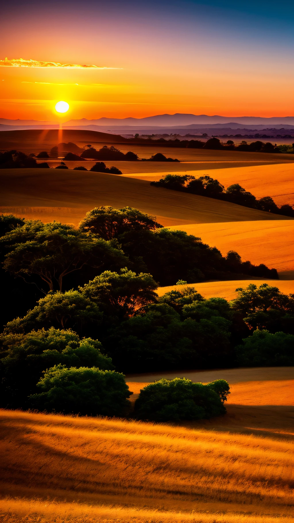the setting sun,evening light,view from long distance,realisticlying,plethora of colors,Gorgeous and colorful,wide wide shot,positive,natural style,HD landscape photos,Sunset view