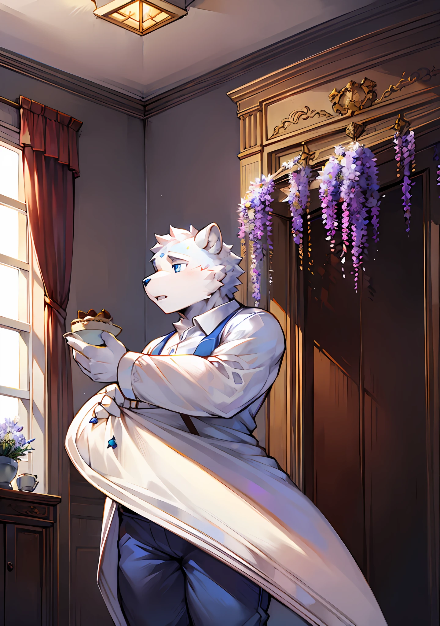 White bear type，Pastry chef，chocolate cake，black tea，Strong body，White tail，inside in room，janelas，Wisteria flowers climb up the window，Gender male，Tall and mighty，Blue eyes，The eyes have bright spots，white bear，Wear a white shirt underneath，blue short pants，rejoice