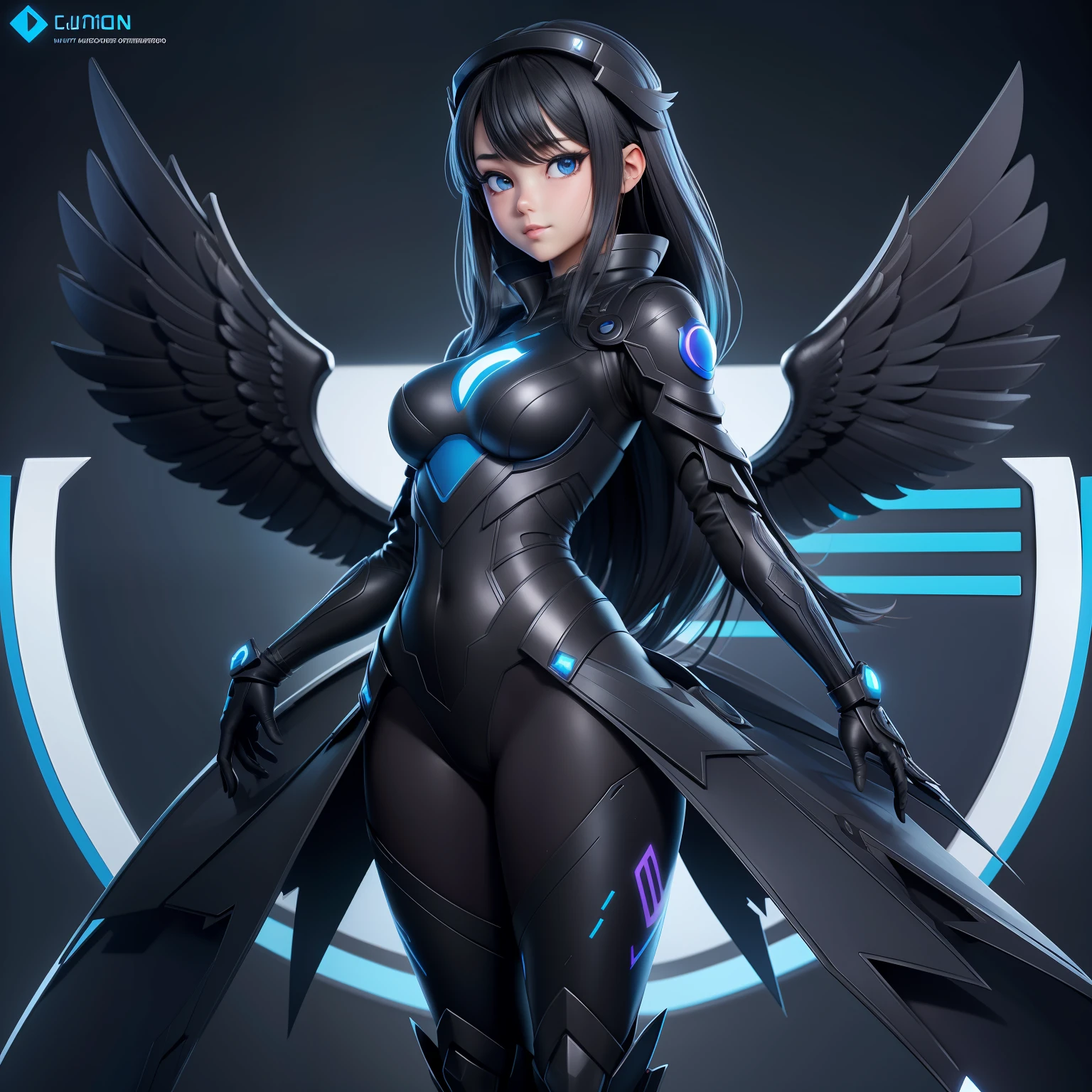 a beautiful anime girl in a black X costume with blue wings, she Standing in front of the computer screen with the Twitter logo displayed inside, extremely detailed, anime illustrationUltra detail, high resolution, best quality