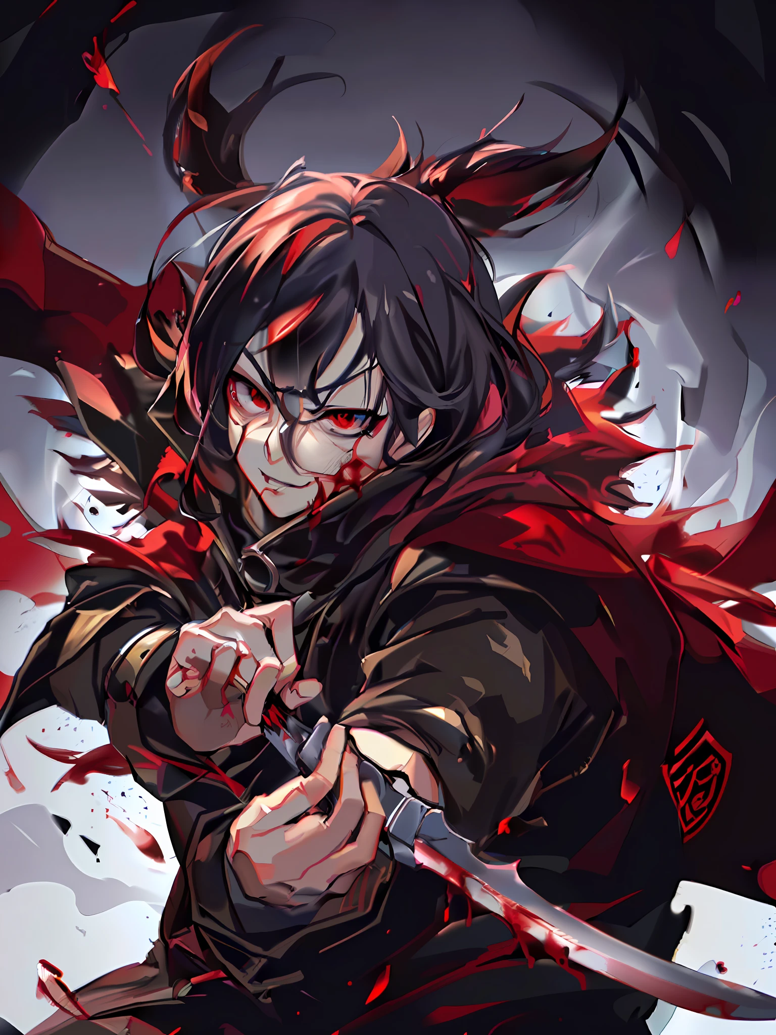 Anime characters with swords and blood splattered around their bodies, Badass anime 8 K, demon slayer rui fanart, demon slayer artstyle, handsome guy in demon killer art, Key anime art, Detailed digital anime art, by Yang J, Epic anime style, trigger anime artstyle, detailed anime character art, Detailed key anime art, Detailed fanart, 4k manga wallpapers