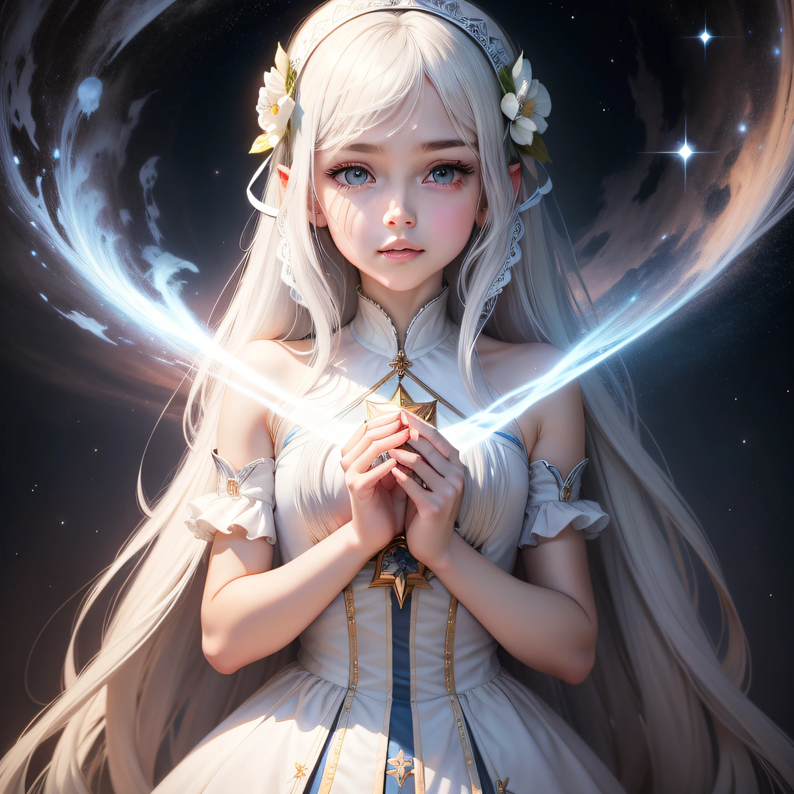 kosmos，morning star，white colors，a pregirl，Beth，dream magical，The facial features are delicate，long whitr hair，8k，