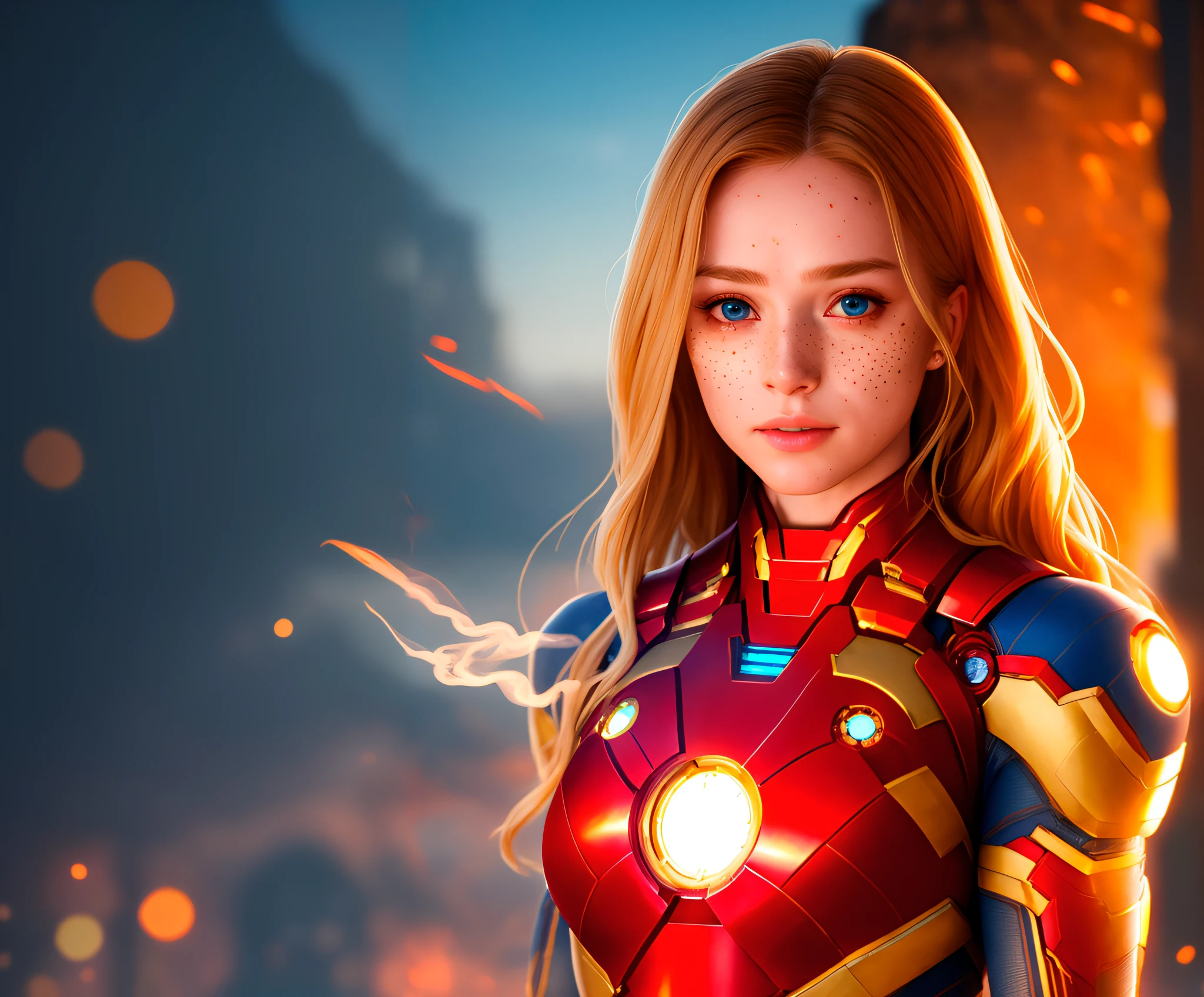 Avengers - Theme girl with shining armor and blue eyes, Estilo de arte fotorrealista, Wojtek FUS, realistic artistic style, 8K Artgerm Bokeh, 3D render character art 8 k, Tendencias en ArtStation 4K, Artgerm y Atey Ghailan, Tendencias en ArtStation HD, Arte digital realista 4K, Arte digital realista 4K