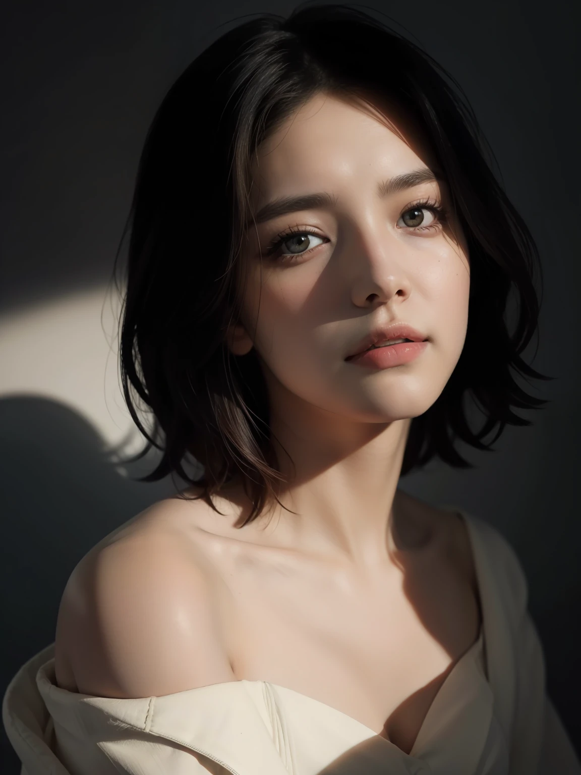 Best quality, masterpiece, ultra high res, (photorealistic:1.5), raw photo, 1girl, offshoulder, in the dark, deep shadow, low key, cold light, sexy look, short hair