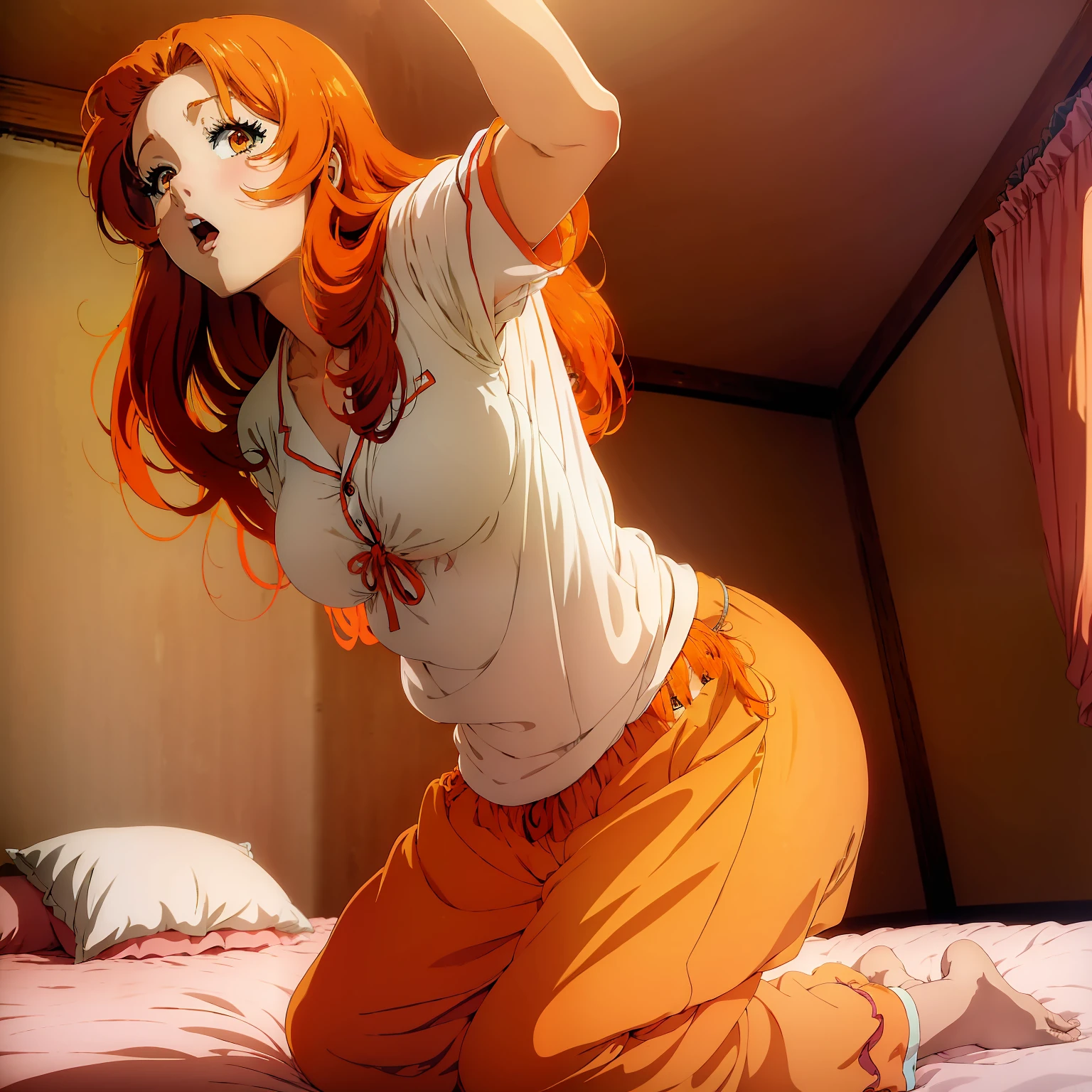 (((Anime))), ((((woman)))), straight from real life, with (hair_orange) orange hair, wake up on a bed wearing (pijama_orange) orange pajamas and long pants, navel and armpit showing, yawn"