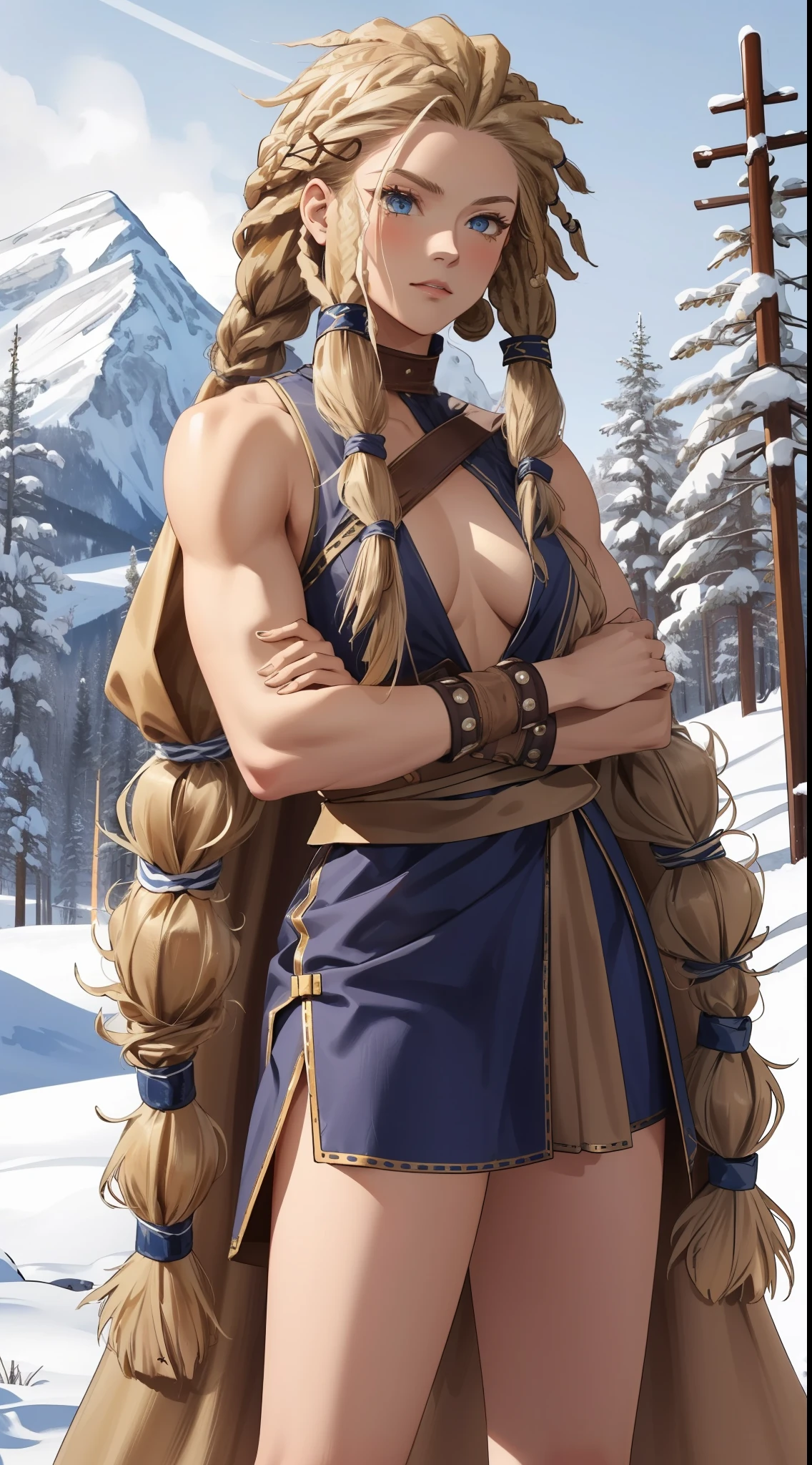 Solo female Viking, (Young:1.2), (Muscular:1.2), coalescence, Wearing brown furs and hides, (Wear fur:1.3) (There is a Nordic totem on the arm:1.2), Blue eyes, Platinum blonde hair, (dreadlocks:1.7), (dreads:1.4), (Sideways:1.6), Warrior hair, The winter environment is Scandinavian forest, Snow, Bare arms, Exposed Navy, (Abs:1.2). Highly detailed, nordic, Berserker, Arm muscles, Leg muscles, (hulking:1.2), leather straps, (Tall:1.4)