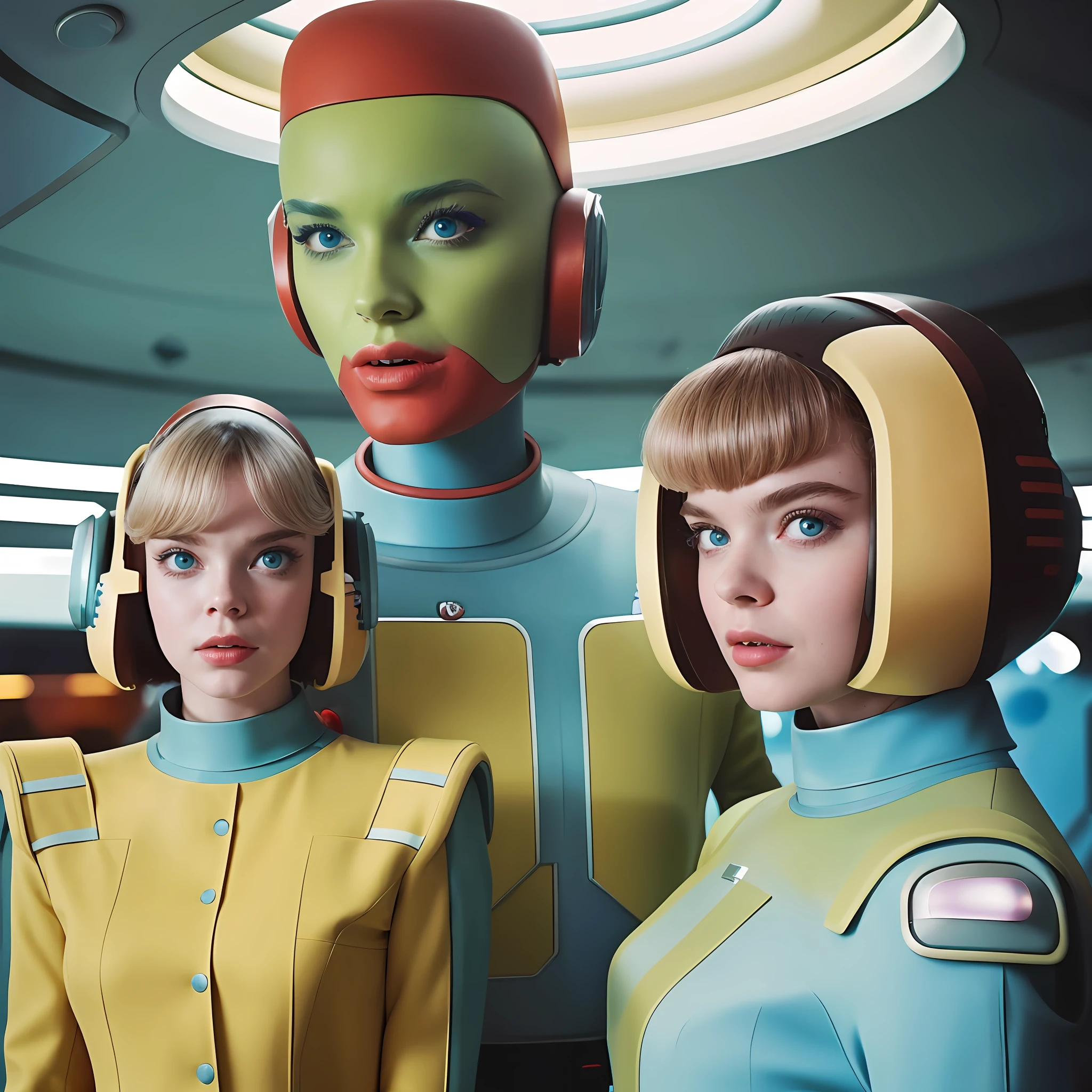 There are three women in futuristic costumes next to each other, 7 0's vintage sci - estilo fi, retro futuristic style, Retro Futuristic Fashion, Retro Sci - Imagem de FI, 5 0's vintage sci - estilo fi, futuristic retro, Elle Fanning como um androide, retro-futurista, retro - futuristic, 1 9 5 0 Futuristas, Bela Sci - Fi-twins
