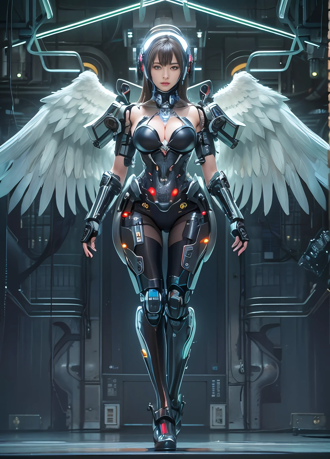 top-quality、tmasterpiece、超A high resolution、(Photorealsitic:1.4)、RAW photo、Solo，The upper part of the body，upper legs，Robot Angel、Large wing made of metal、(White porcelain body)、whaite hair、glowy skin、(1 Cyborg Girl)、((Super realistic details))、porate、globalillumination、black shadows、octan render、8K、ultrasharp、Character edge light,Colossal tits、Raw skin is exposed in cleavage、Details of complex ornaments、Sumerian detail hydraulic cylinder、small led lights、highly intricate detail、Realistic light、a purple eye、Radiant eyes、Facing the camera、neon light detail、cow boy shot、Futuristic headgear、Floor plan about the《cyber punk perssonage》、、
