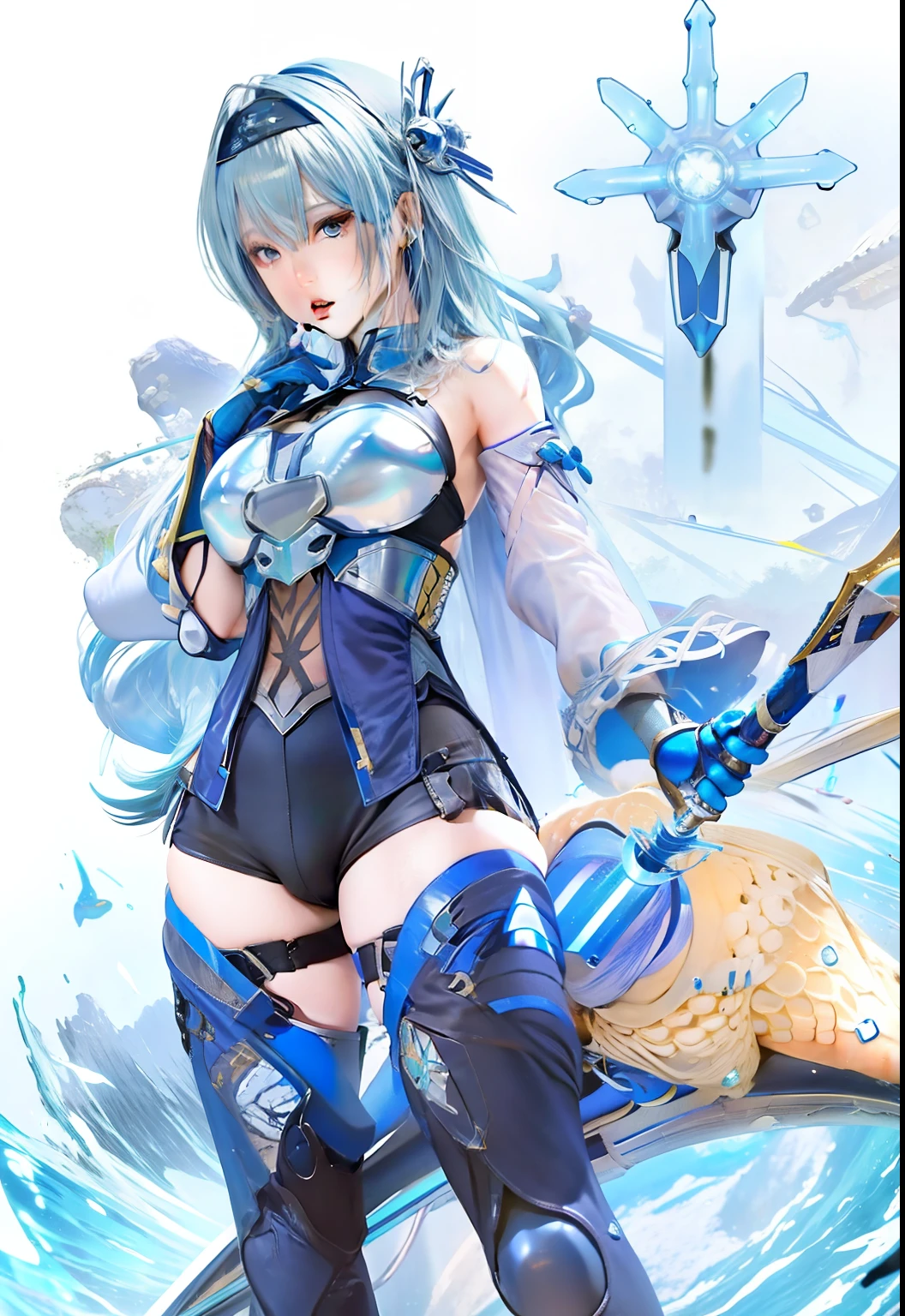  anime com cabelo curto azul e vestido azul segurando uma espada, armadura de cristal de gelo, pale blue armor, pele cristalina, Genshin, crisp clear rpg portrait, pele azul congelante, arte chave detalhada do anime, Personagem Genshin Impact, Eula de Genshin Impact, armadura azul, em armadura de opala, Meninamadura, com pose sexy