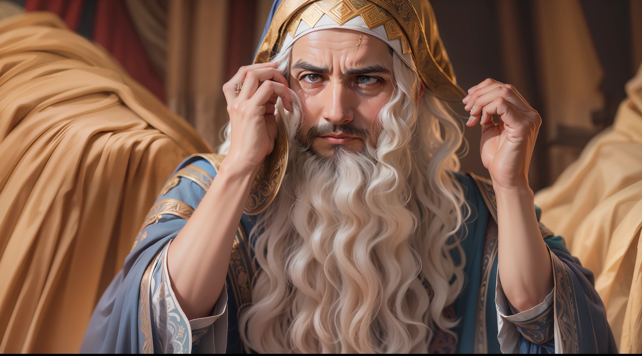 Foto realista, obra-pima, melhor qualidade, artistic composition, of an ancient biblical prophet explaining something, facial expression of intense concentration, roupas altamente detalhadas, texturas de roupas realistas, detalhes abundantes, intrincate details, textura da pele, Pontos, rugas, rugas de roupas, floating dust particles, brilho, brilhante, misterioso, 4k, UHD, da mais alta qualidade
