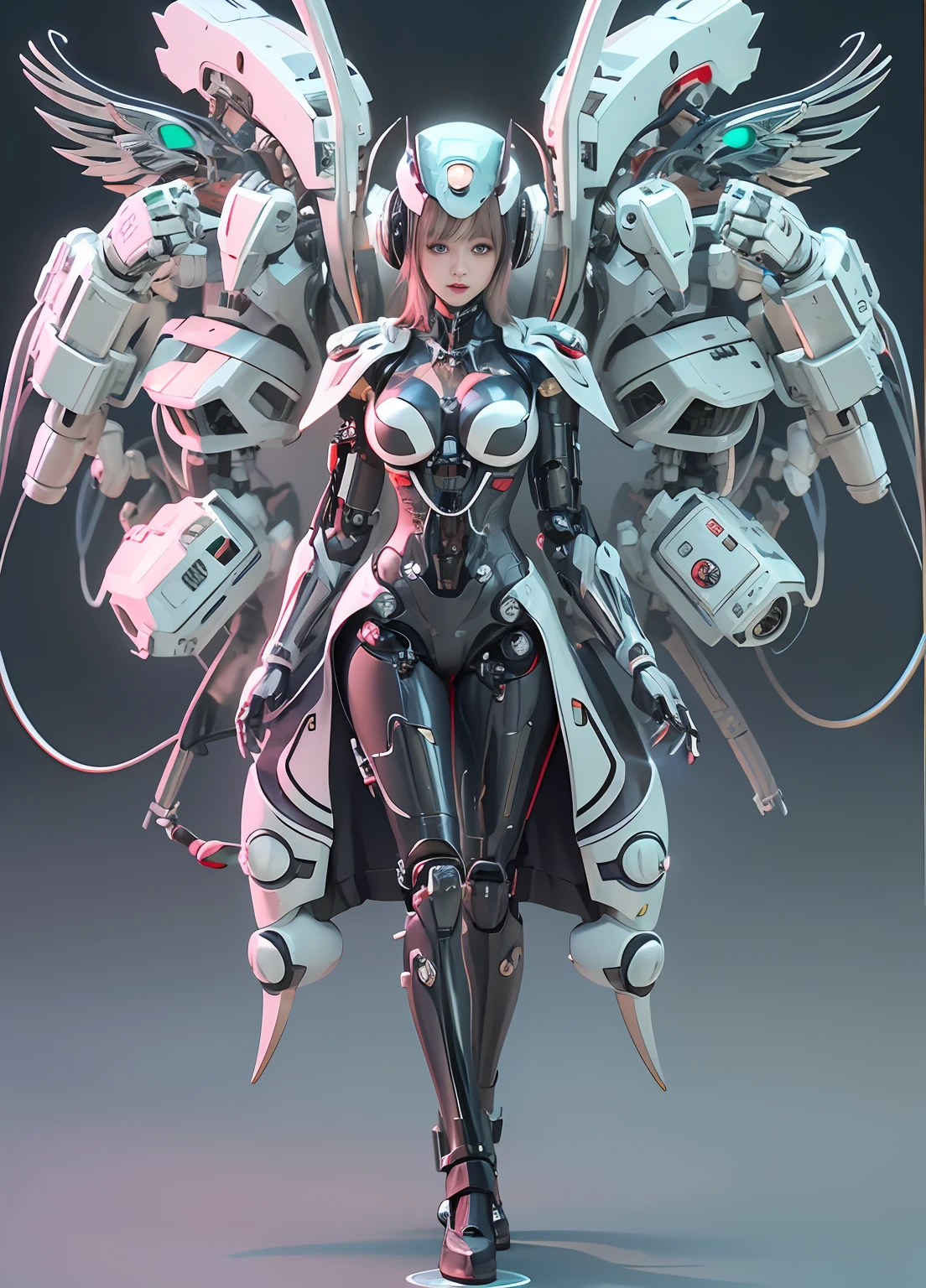 top-quality、tmasterpiece、超A high resolution、(Photorealsitic:1.4)、RAW photo、Solo,(Perfect body proportion),The upper part of the body,upper legs,Robot Angel、Large wing made of metal、(White porcelain body)、whaite hair、glowy skin、(1 Cyborg Girl)、((Super realistic details))、porate、globalillumination、black shadows、octan render、8K、ultrasharp、Character edge light,Colossal tits、Raw skin is exposed in cleavage、Details of complex ornaments、Sumerian detail hydraulic cylinder、small led lights、highly intricate detail、Realistic light、a purple eye、Radiant eyes、Facing the camera、neon light detail、cow boy shot、Futuristic headgear、Floor plan about the《cyber punk perssonage》、、