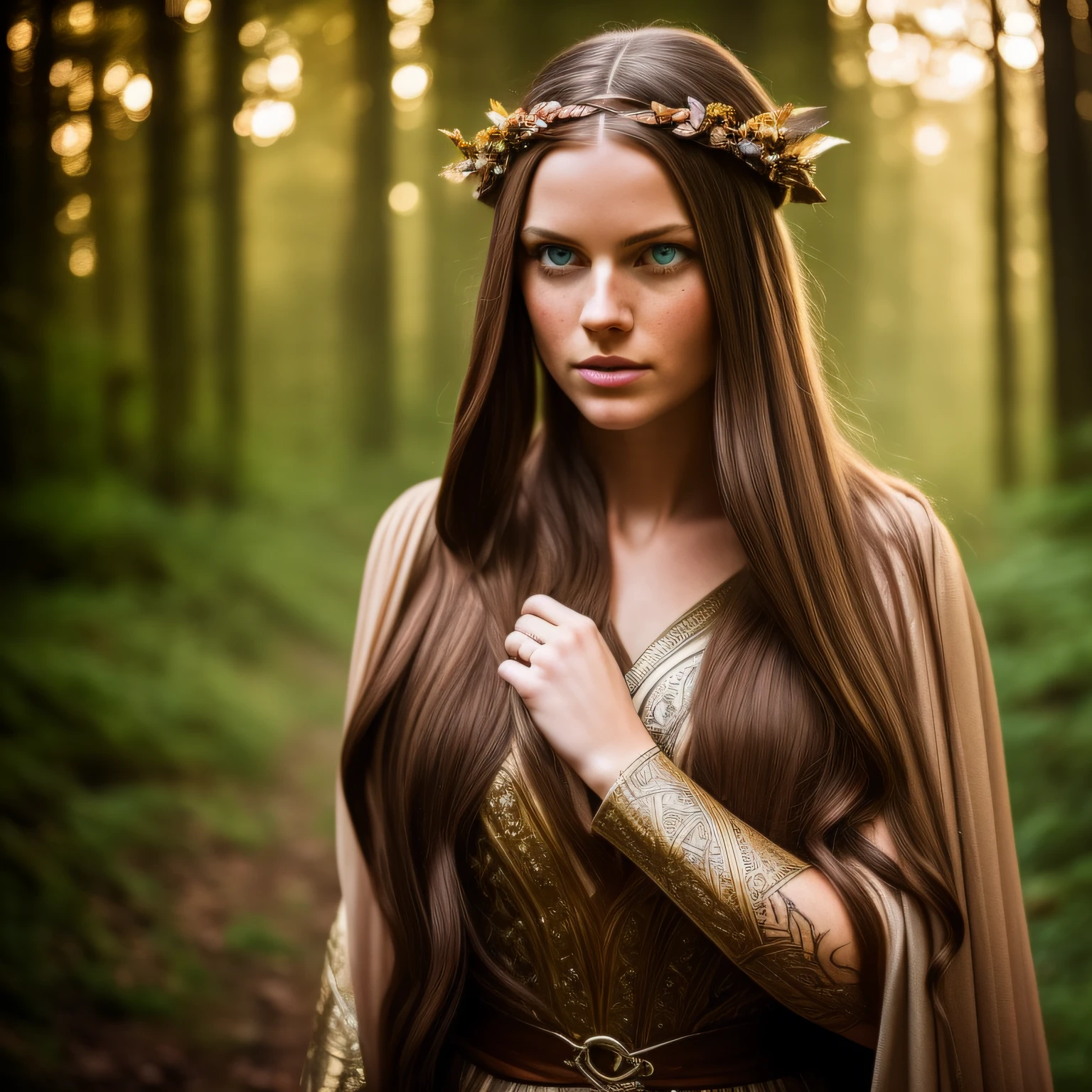 cinematic still, the withcer vibe, a girl in her 20s with blue eyes, female top model, shae has heart shape eyes, almond blue eyes,freckles, full lips, she has long golden brown hair and using an elven dress, running in a dark forest, realistic, detailed, fantasy, medieval, soft light, cinematic light, cinematic, 20MM lens, -- ar 2:1