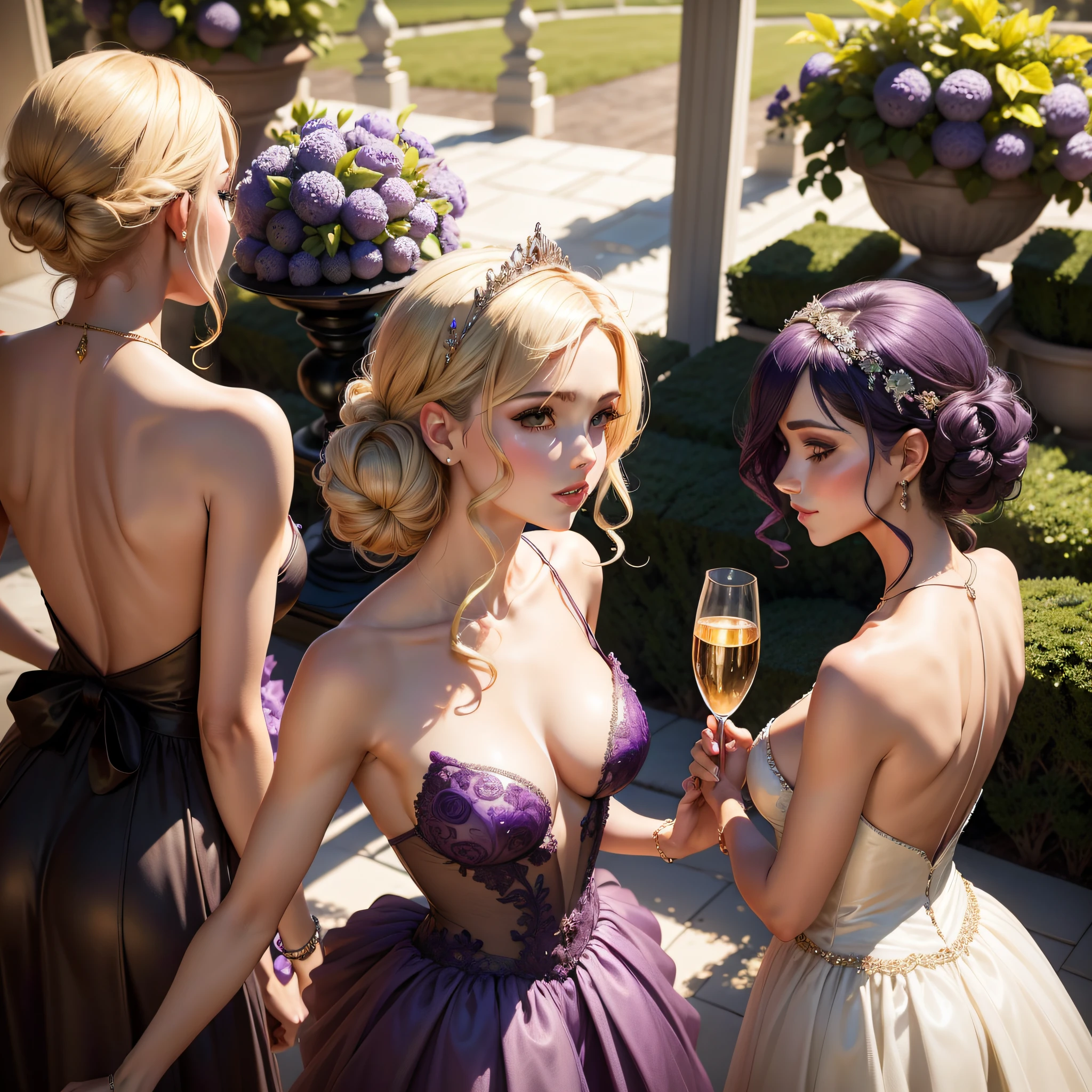 Join a glamorous soiree on a vineyard terrace, onde uma mulher elegantemente vestida com roupas inspiradas em uvas se mistura com os convidados. Os ricos tons de roxo e verde das uvas e folhas de videira contribuem para a atmosfera sofisticada.