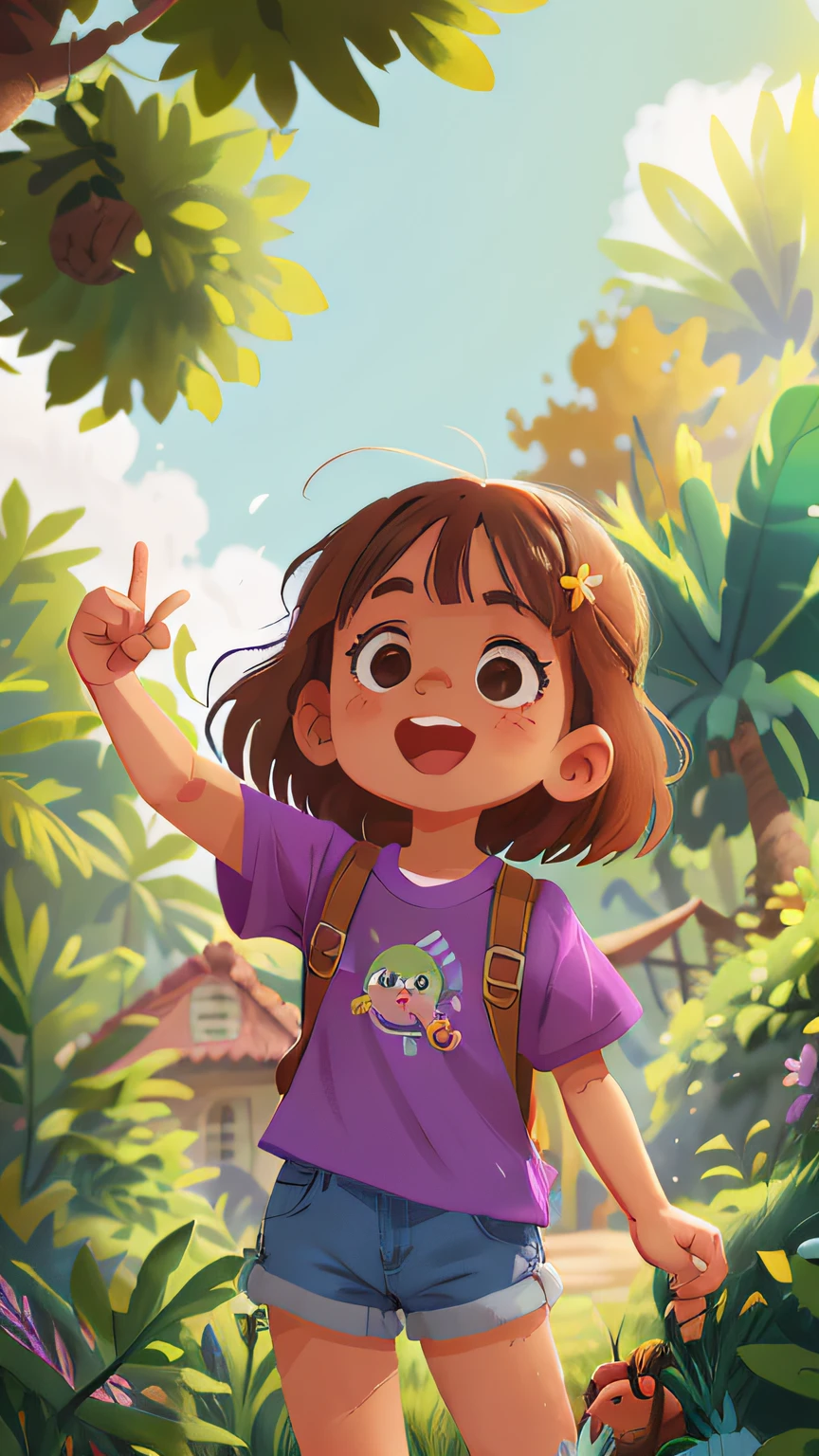 Uma menina de 6 anos de idade, de cabelo curto ruivo e enrolado, is in a park, conversando com as amigas, She's wearing a purple blouse and jean shorts, is happy, boca aberta, gesturing with your hands, qualidade perfeita, foco claro (mess - house: 0.8), (obra-prima: 1.2) (Realista: 1.2) (Bokeh) (Melhor qualidade) (Pele detalhada: 1.3) (Detalhes intrincados) (8K) (Detalhe Olho) (foco nítido), (Feliz)