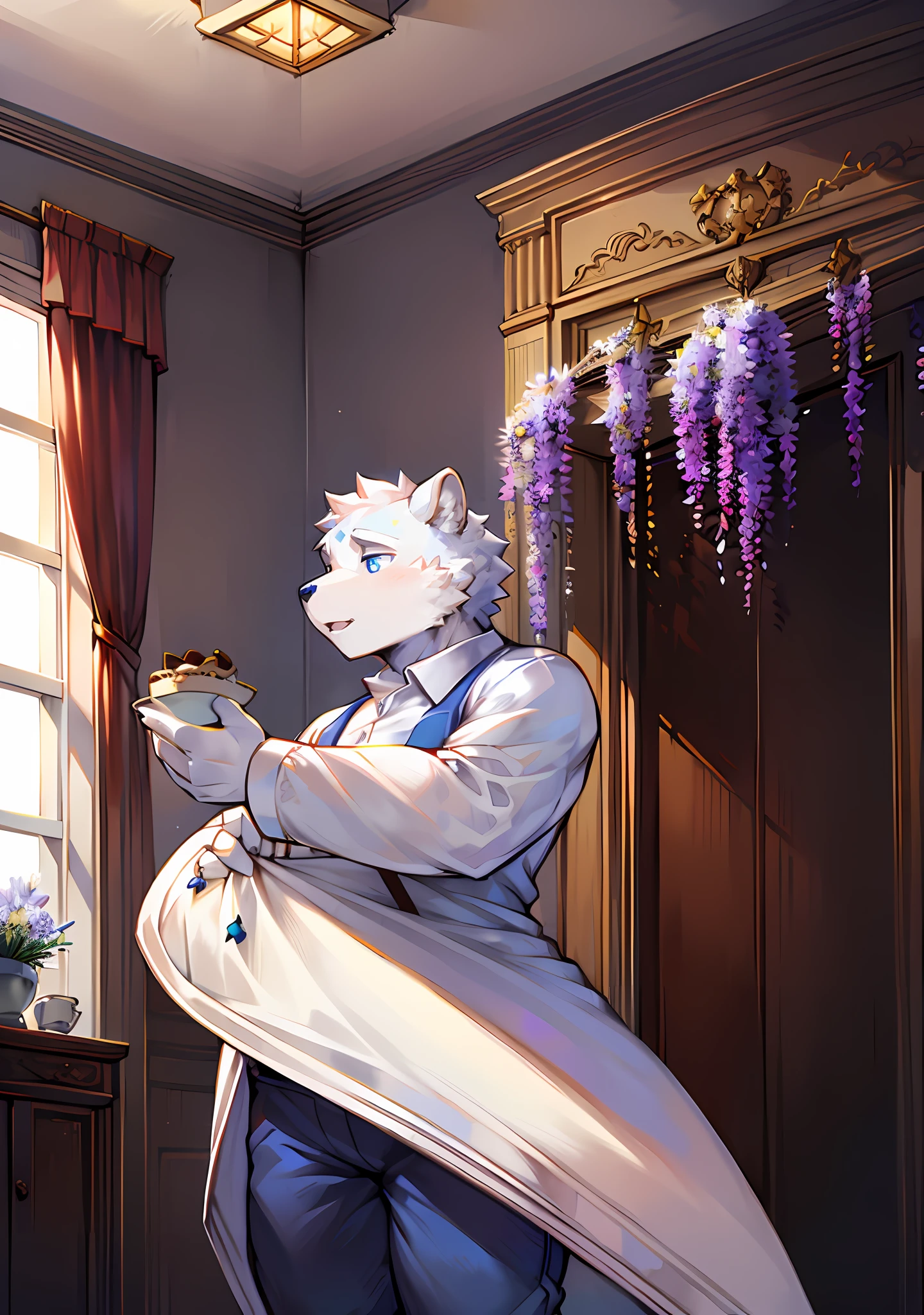 White bear type，Pastry chef，chocolate cake，black tea，Strong body，White tail，inside in room，janelas，Wisteria flowers climb up the window，Gender male，Tall and mighty，Blue eyes，The eyes have bright spots，white bear，Wear a white shirt underneath，blue short pants，Rejoice