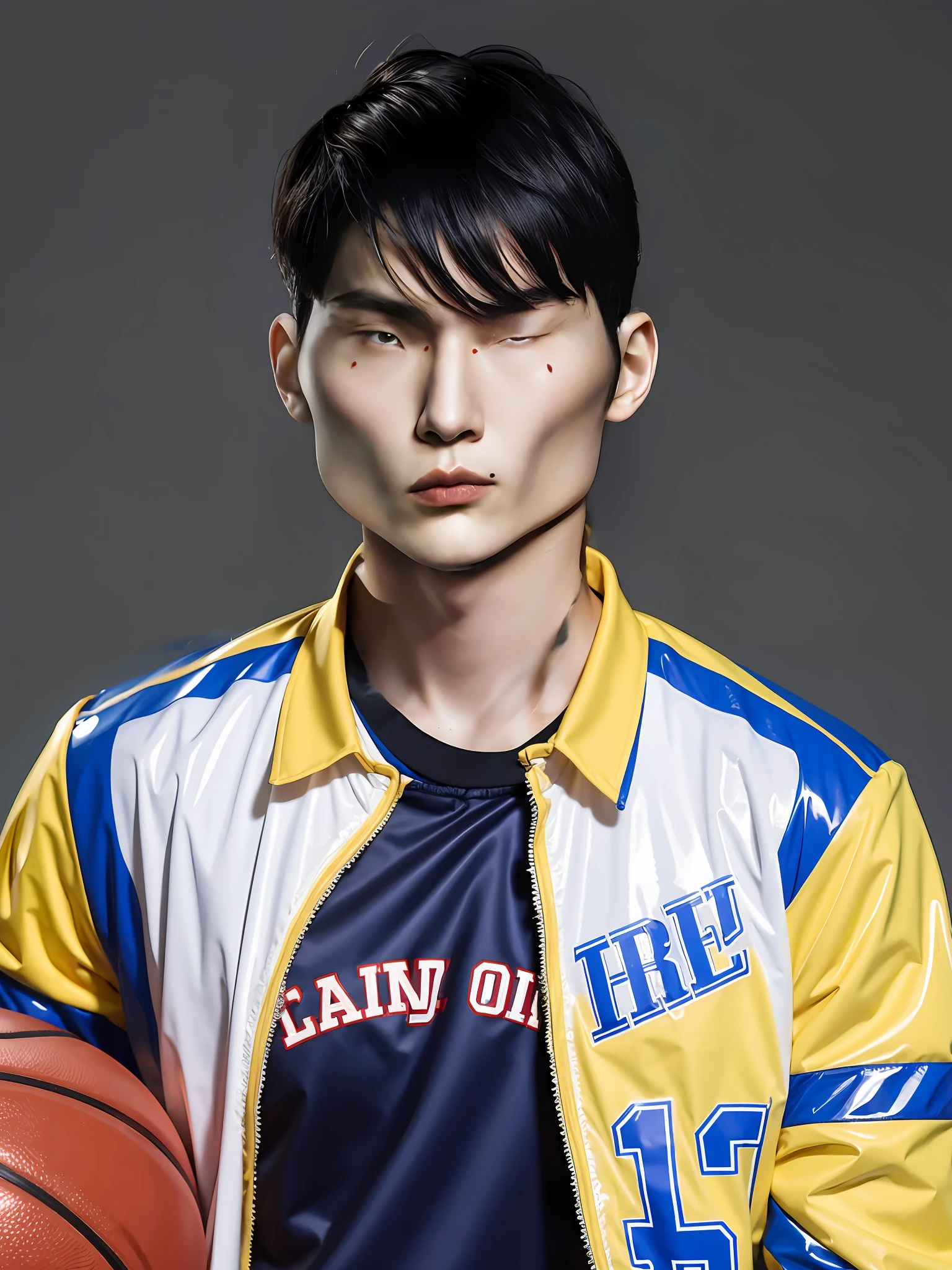 Chinese male high school student,Wearing a PVC basketball uniform