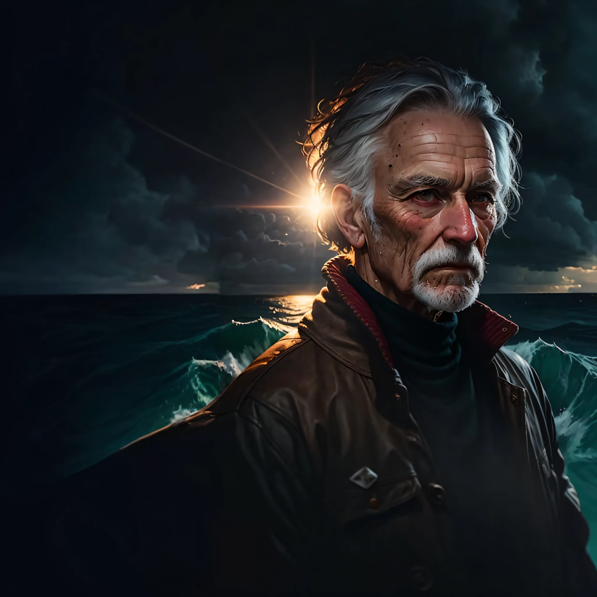 a man standing in a boat on the ocean with a light shining on his face, Beeple e Jean Giraud, Moebius + Artgerm, Stefan Koidl inspirado, Velho cyberpunk, James Estilo de pintura Gurney, Directed by: Laszlo Balogh, trending on ArtStation.', Beeple e Tim Hildebrandt