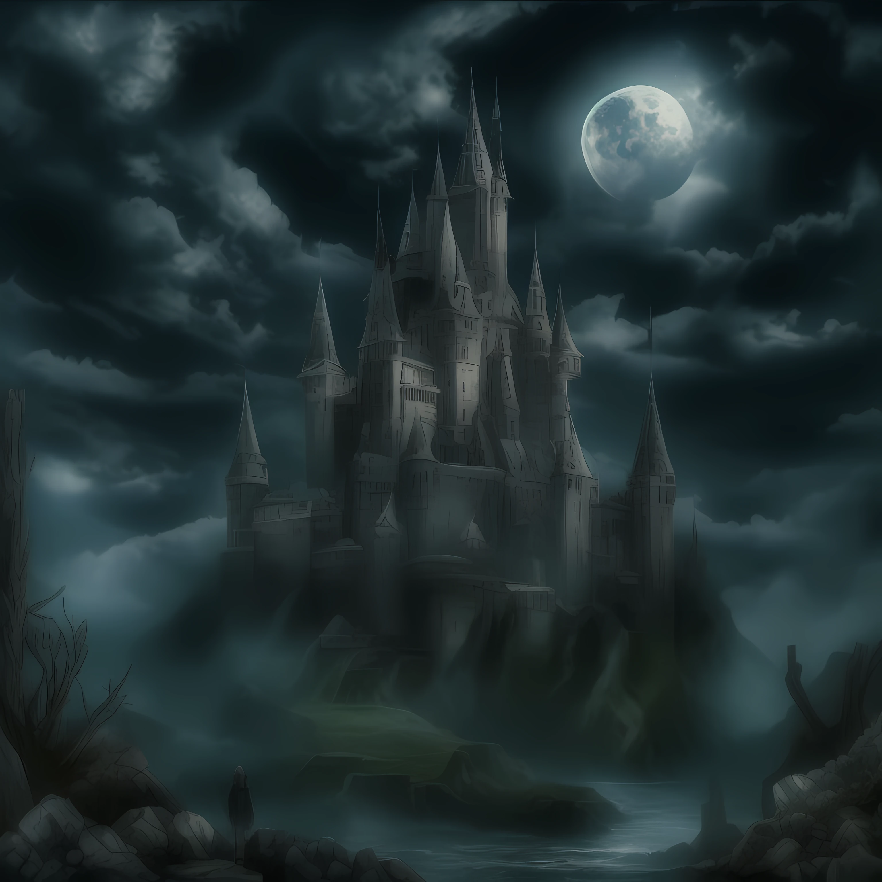 ((tmasterpiece)),dark castle,themoon,rays of moonlight,Black night,Fortress of fantasy ,darkly,The clouds are clear,Harmonious composition,Terrifying atmosphere,suspenseful,thriller