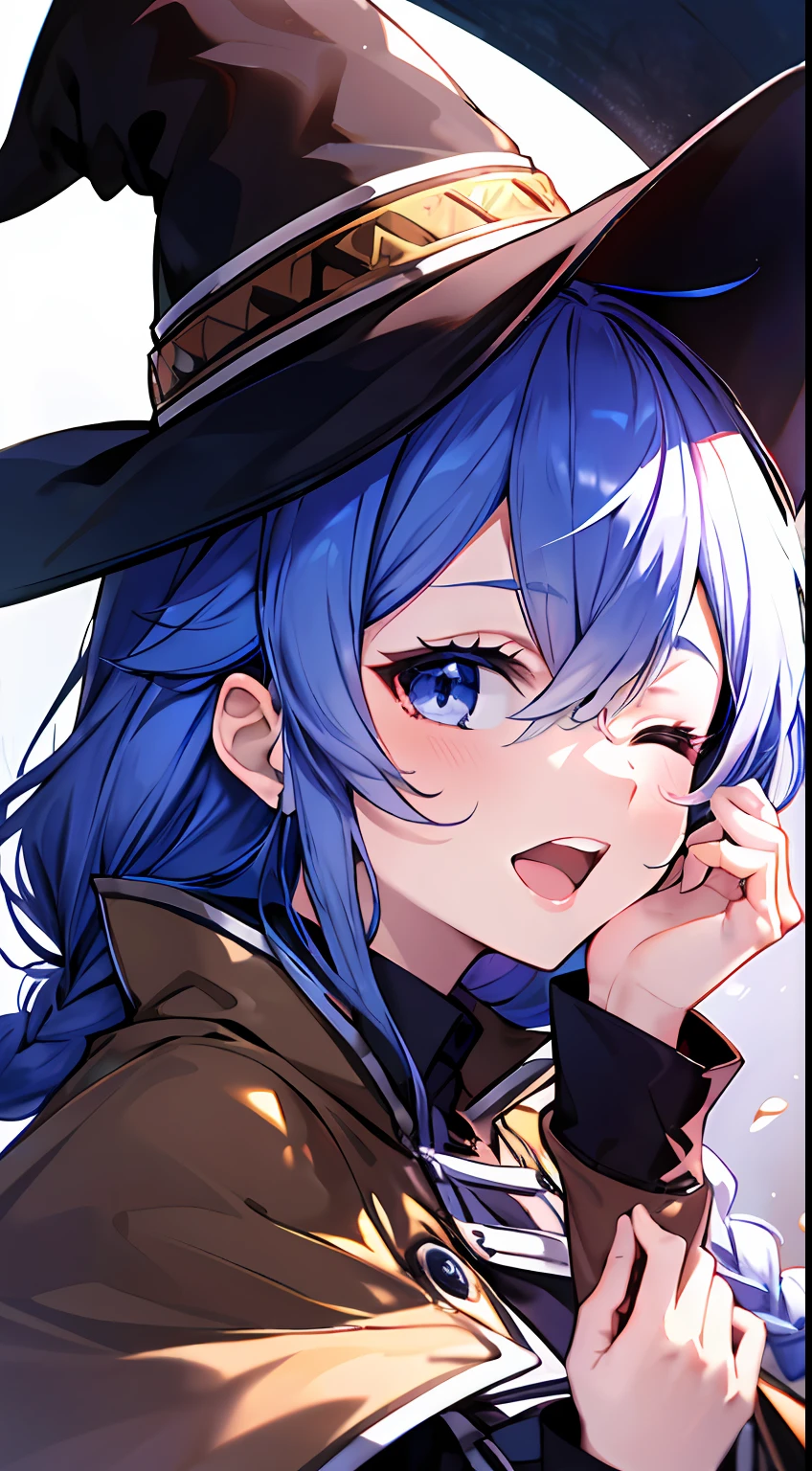 roxy migurdia, Masterpiece, Best quality, Very detailed background, hand on own cheek, Open mouth, Eyes closed, clench one's teeth, Smile, arms back behind, bangs, Black tiara, Blue eyes, Blue hair, Braid, Brown cape, Cape, Floating hair, hair between eye, Hat, Long hair, Witch hat