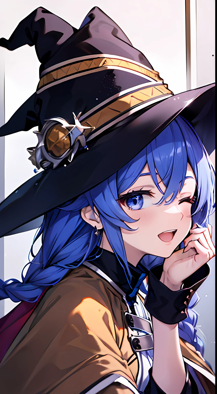 roxy migurdia, Masterpiece, Best quality, Very detailed background, hand on own cheek, Open mouth, Eyes closed, clench one's teeth, Smile, arms back behind, bangs, Black tiara, Blue eyes, Blue hair, Braid, Brown cape, Cape, Floating hair, hair between eye, Hat, Long hair, Witch hat