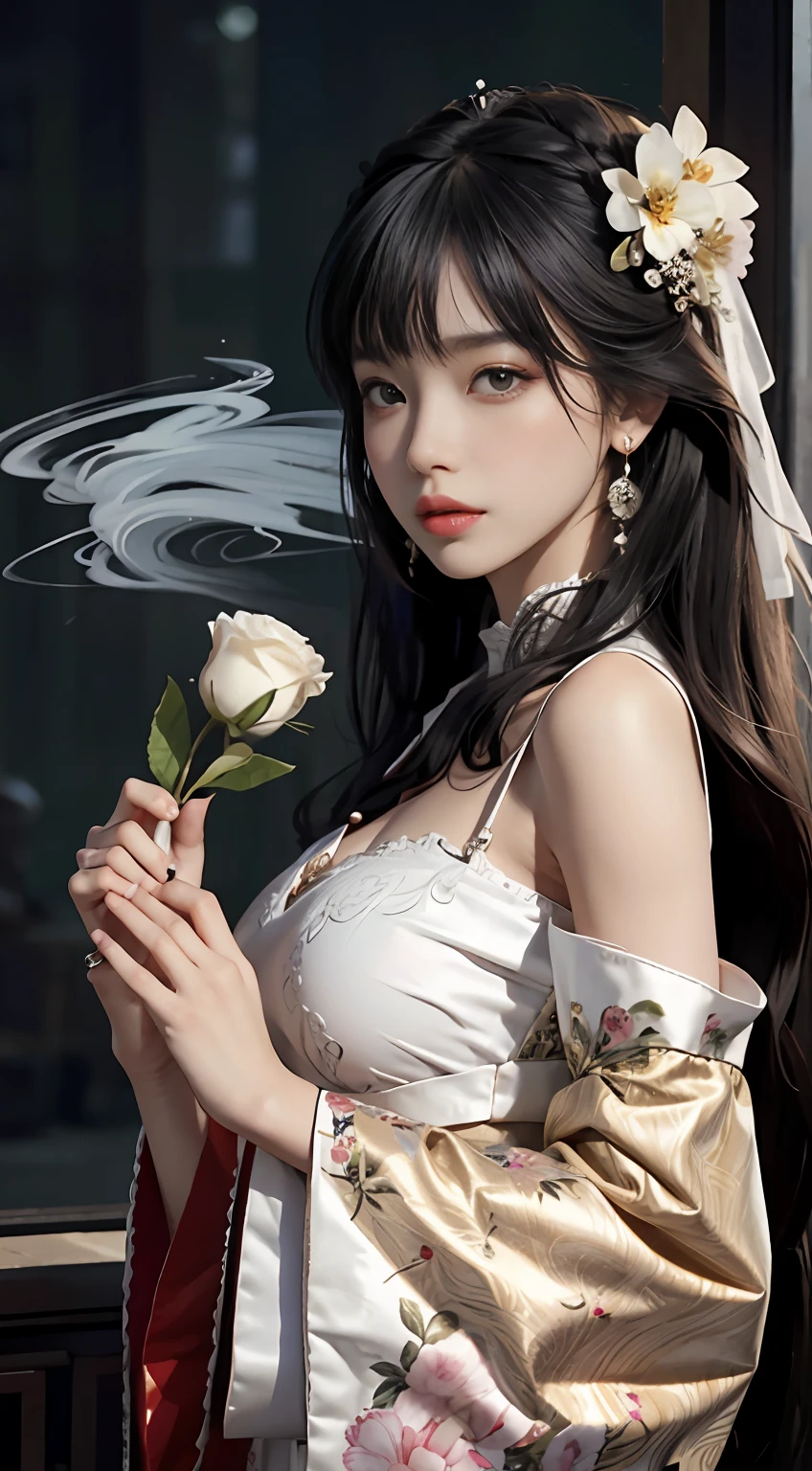 1girll, Solo, Long hair, jewelry, Earrings, flower, hair adornments, view the viewer, Holding, Black hair, Chinese clothes, Long sleeves, holding flower, hair flower, parted lip, Breasts, From the side Side, Upper body, Wide sleeves, bangs, Smoke, sash, Estampados florales, Lips, Bra, Black eyes