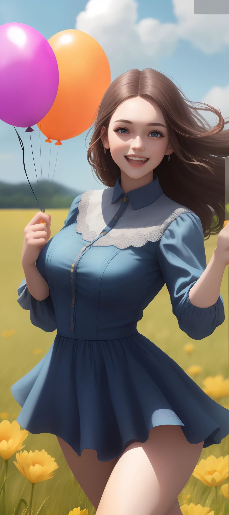 A girl with huge holding flowers,There are colorful balloons floating in the sky,grassy fields,dance,Holding flowers,cheerfulness,rejoice,Perfect quality,Clear focus(Clutter - home:0.8), (tmasterpiece:1.2) (realisticlying:1.2) (bokeh) (best qualtiy) (detailedskin:1.3) (complexdetails) (8K) (detailedeyes) (Sharp focus),(having fun)