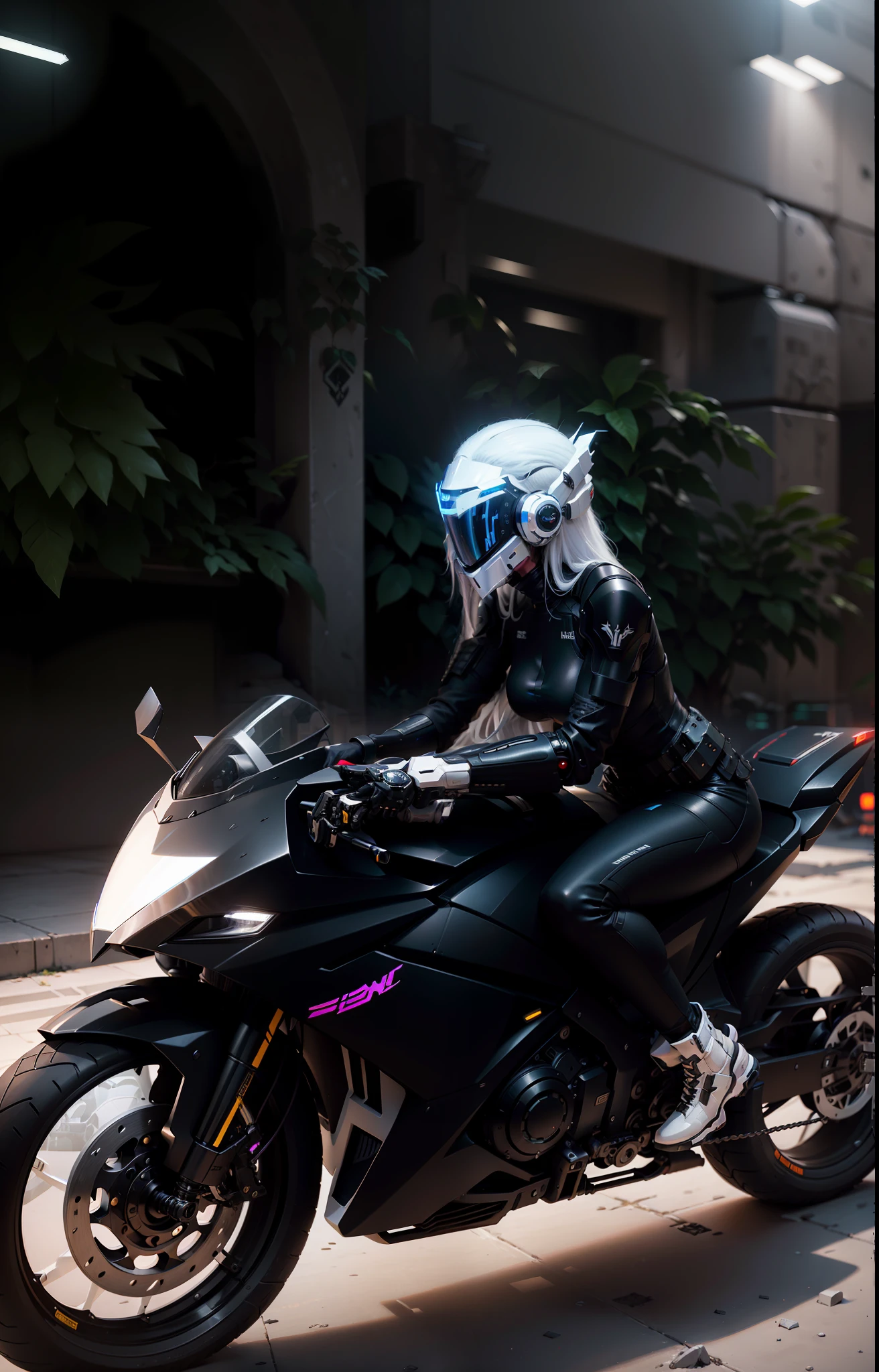 Sexy cyberpunk female knight with long white hair,long white hair,Black cyberpunk mech costume,High-tech white all-inclusive helmet,Biomechanicals, MSHN Robot Man,High-tech helmet,hyper realisitc, Steel, Complex design, insanely details, finely detailled, Extremely clear lines, cinmatic lighting, photograph realistic, A detailed masterpiece